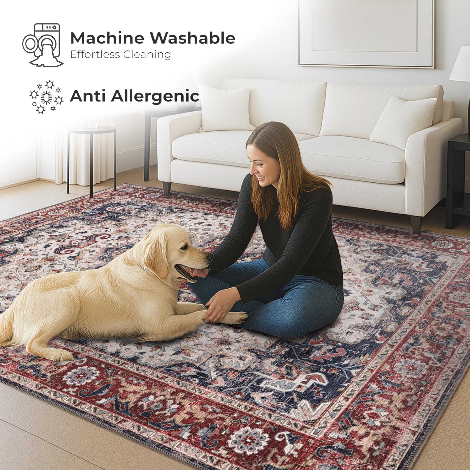 Tapis de salon lavable en machine - 80 x 150 cm - 4 mm d'épaisseur - Tapis chenille vintage avec envers en coton antidérapant - Tapis doux et lavable à poils courts pour chambre à coucher