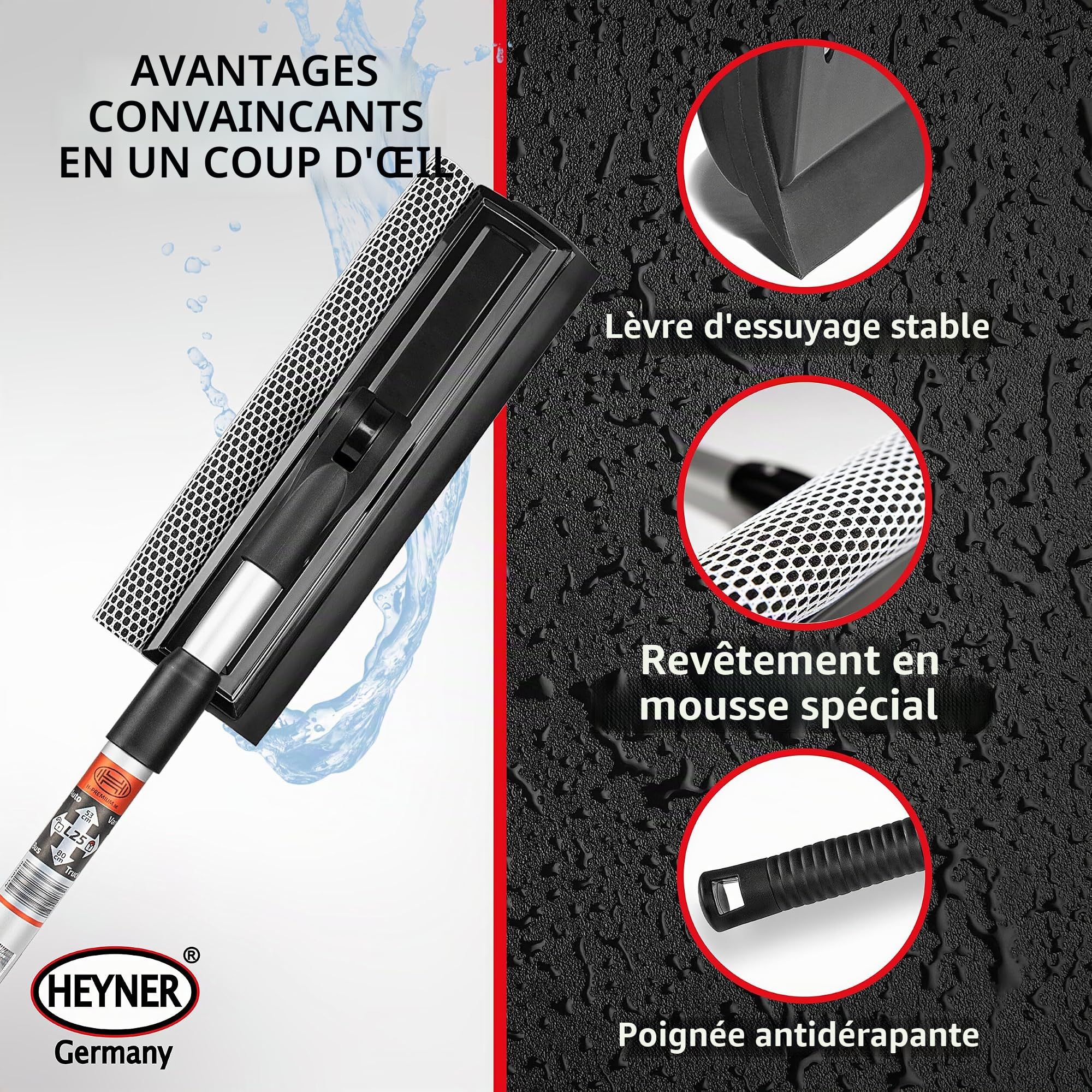 HEYNER® Lave-vitres avec Manche télescopique I Pliable 50-80cm de Long I Essuie-vitres pour Voiture, Camping-Car, Bus & Van I 25 cm de Largeur d'essuyage, Manche Aluminium