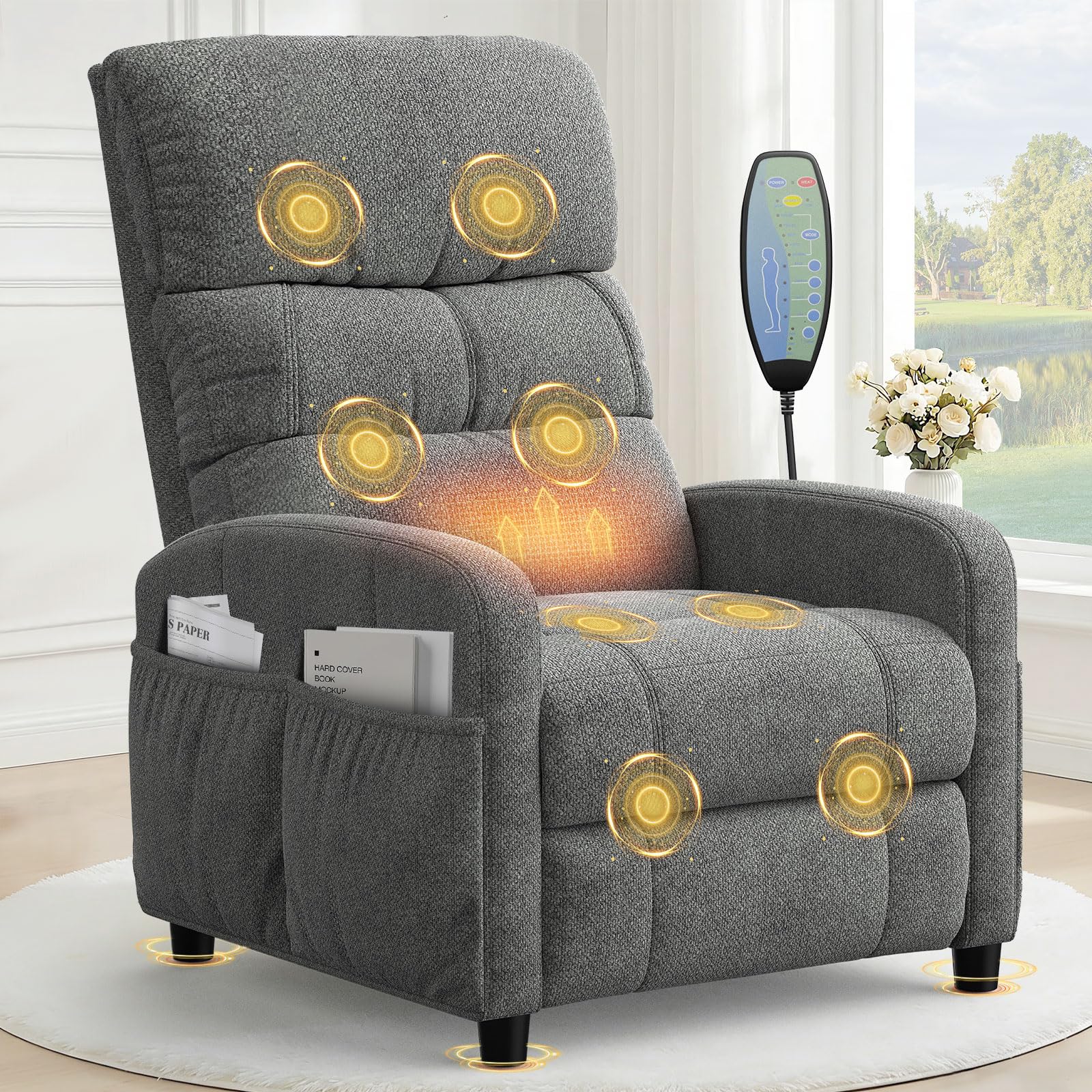 YONISEE Recliner Armchair Recliner Chair for Adults, Manual Reclining Chair with Massage & Heating, 4 Sides Pockets, Padded Cushion Living Room Armchair with Adjustable Leg Rest & Reclining Functions
