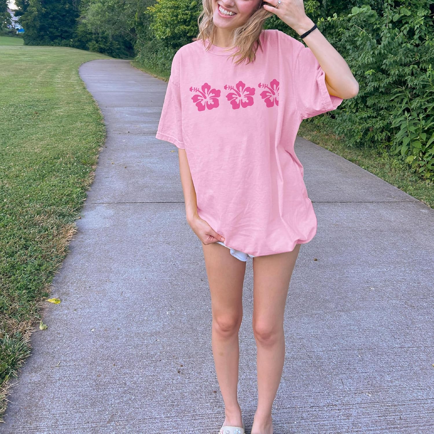 Oversized Graphic T-Shirt for Women Y2K Short Sleeve Crewneck Aesthetic Floral Tees Teen Girl Summer Coastal Baggy Tops - Image 2