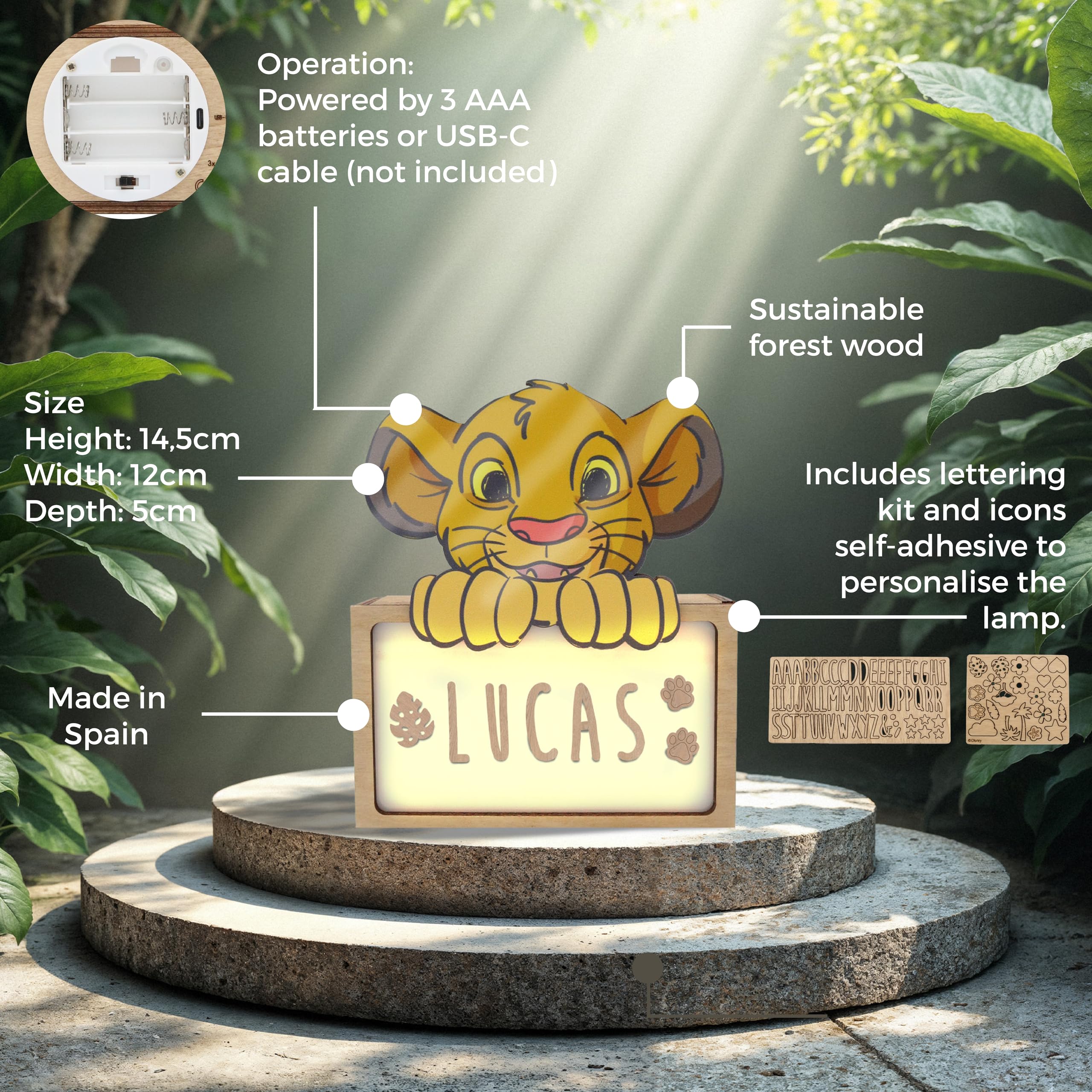 WONDEE Disney Lampada Re Leone Simba Bambini Personalizzata Con Nome - Lampada Luce Notturna Bambini Simba, Regali Neonato e Regalo Battesimo Bimbo e Bimba, Disney idee Regalo Re Leone