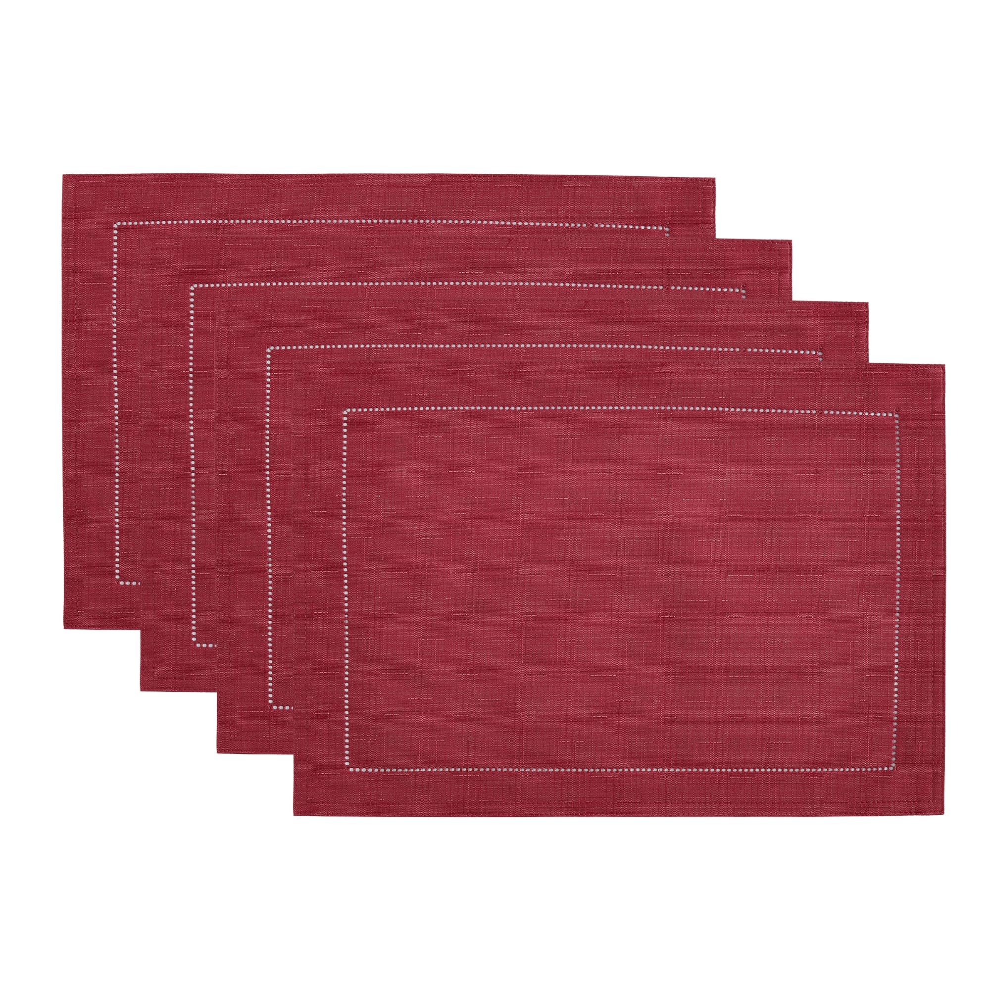 Elrene Home Fashions Alison Hemstitch Border Cloth Fabric Placemat, Set of 4, 13"x19", Cranberry