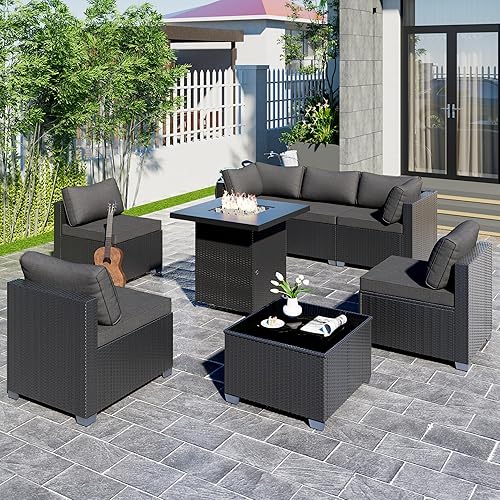 8-Piece Outdoor Patio Sectional Sofa Set with Fire Pit Table – PE Wicker Rattan Modular Conversation Furniture, Cushions & Clips Included – Patio Couch for Porch, Backyard, Poolside, Garden