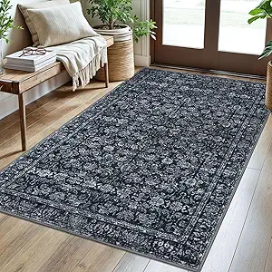 3x5 Area Rug Black Washable Soft Distressed Floral Rugs, Non-Slip Low-Pile Vintage Neutral Carpet for Entryway Nursery Bedroom Dining Dorm Living Room