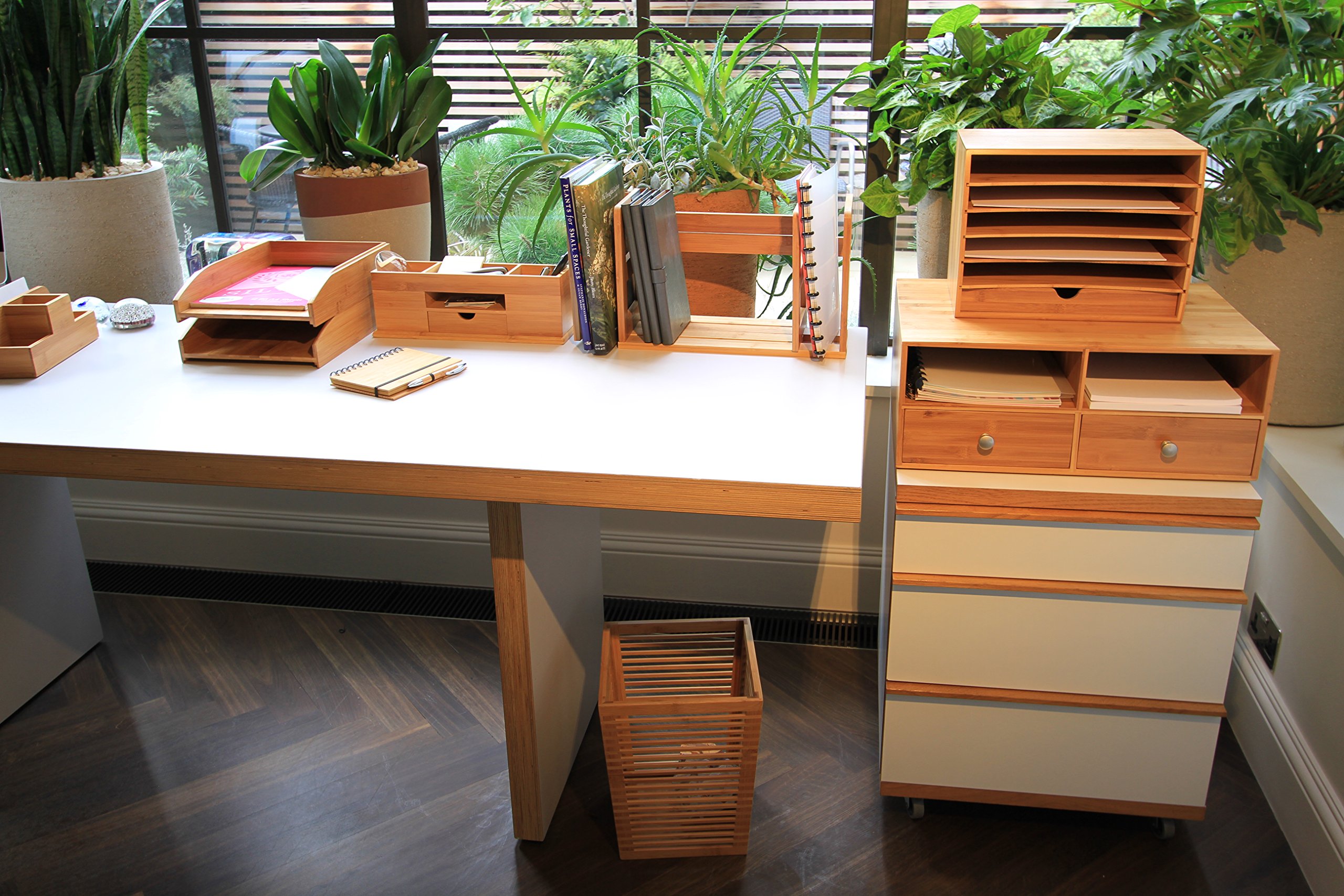 Woodquail Schreibtisch-Organizer mit Schublade, Stifthalter, 5 Fächer, aus Natürlichem Bambus