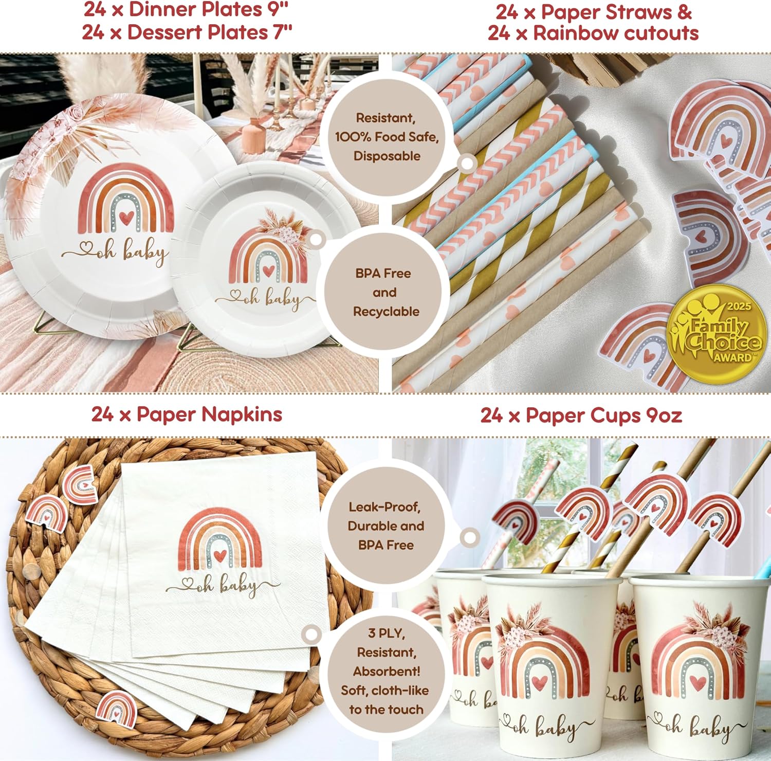 408 PC Boho Baby Shower Decorations - Backdrop, Balloon Arch Garland, Plates, Napkins, Straws, Sash, Cake Toppers, Guestbook, Confetti, Favor Stickers - Rainbow Baby Shower Decorations