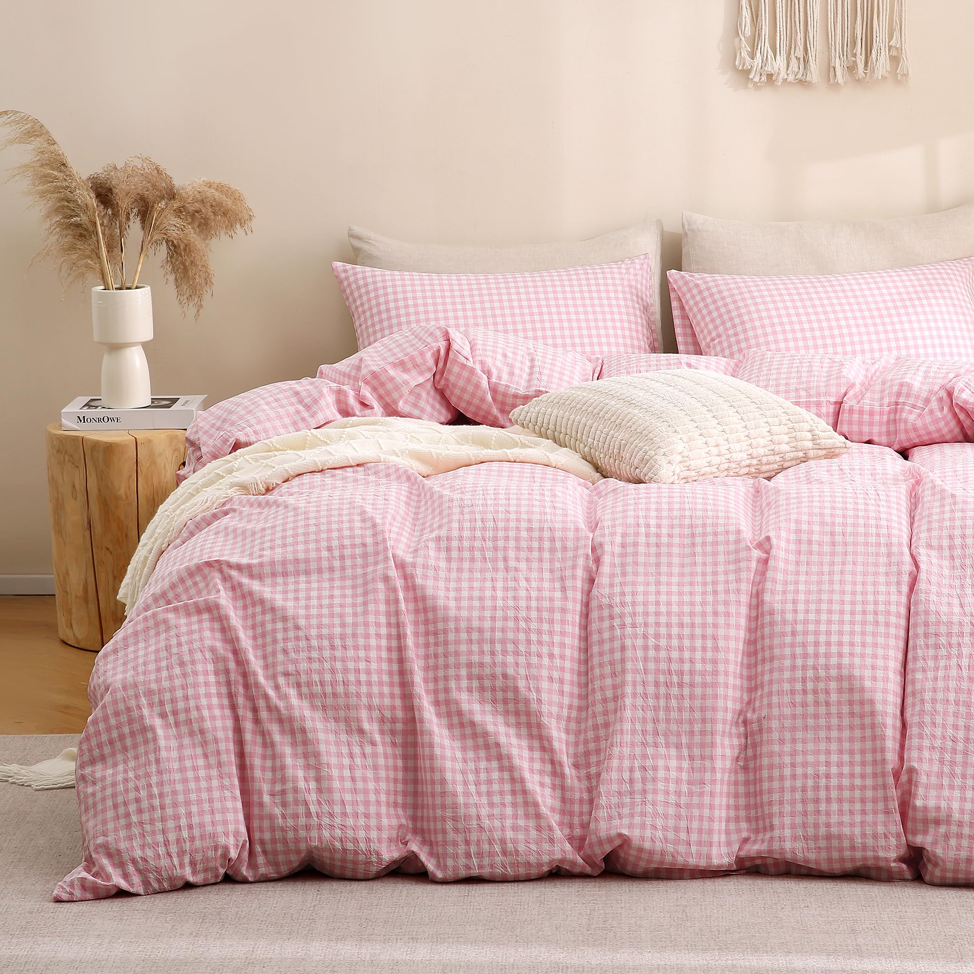 TOCOMOA Pink Gingham Duvet Cover Bedding Set Washed Cotton Like Linen, Full