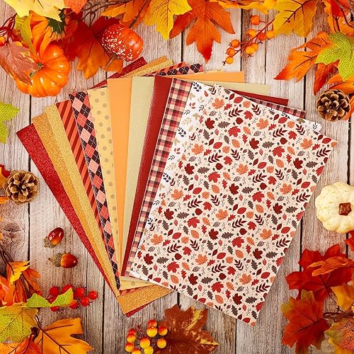 Miniatura 7 de Whaline Hojas de cuero sintético de otoño de 8 x 12 pulgadas, diseño a rayas, hojas de arce, tela de cuero sintético brillante, naranja, rojo,