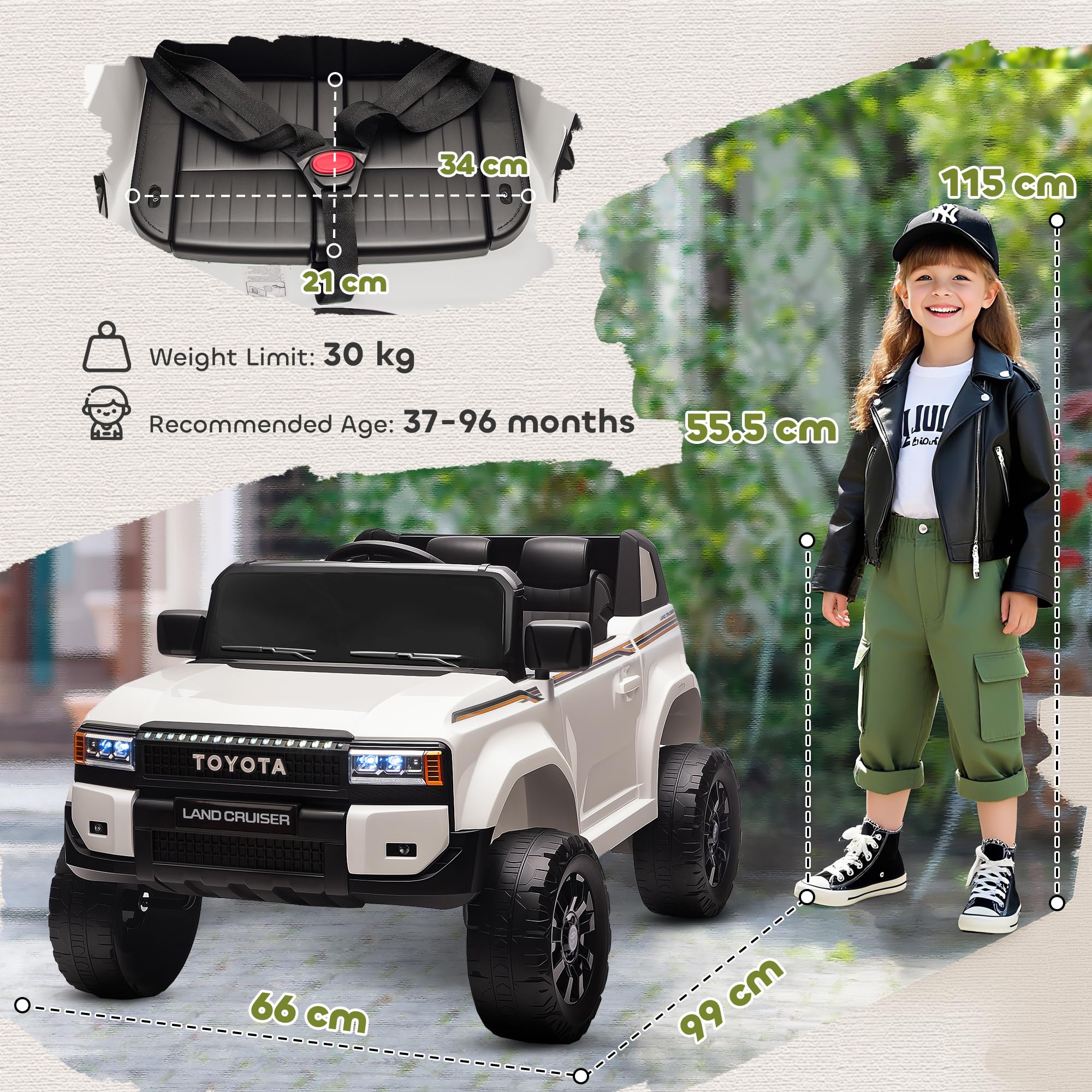 AIYAPLAY TOYOTA Land Cruiser Coche Eléctrico para Niños 3-8 Años, 12V 3-5 km/h Coche Eléctrico para Niños con 2 Motores, Suspensión, Mando a Distancia, Cinturón de 3 Puntos, Bluetooth, USB, Música,