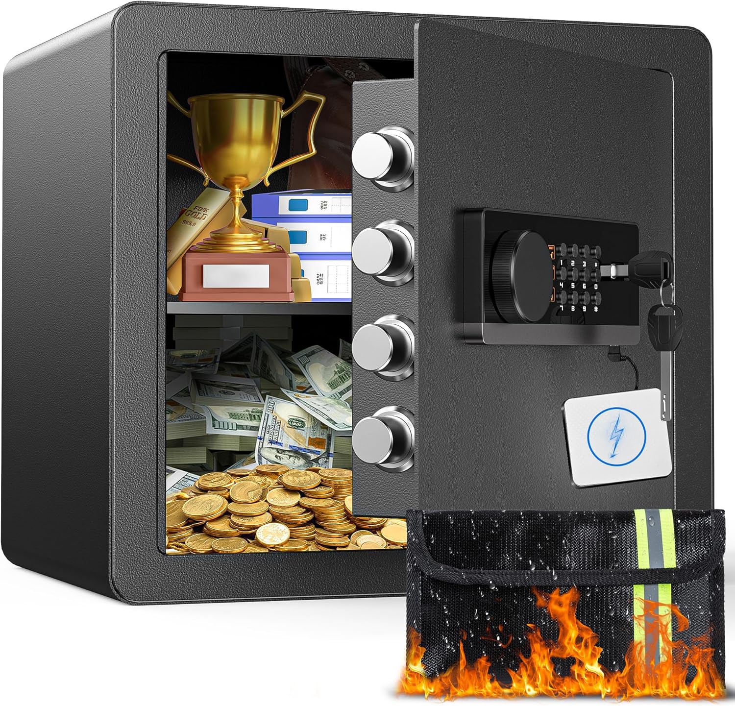 Safe Box 1.4 Cubic Feet Anti-theft Security Safe with Fireproof Waterproof Bag, Electronic Safety Lock Box for Home Office Hotel, Steel Home Safes for Money Valuables Documents Guns