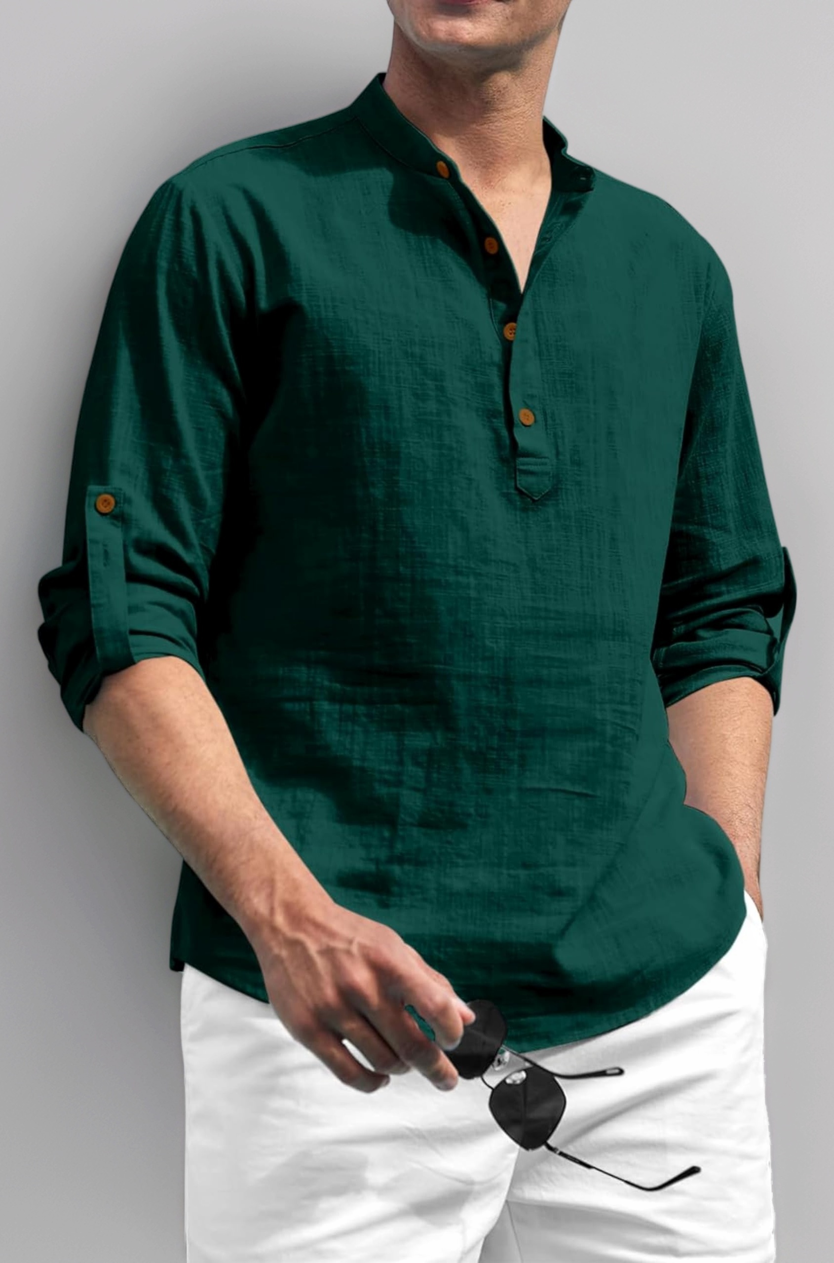 Zombom Cotton Polyester Blend Solid Casual Regular Fit Mandarin/Chinese Collor Short Kurta for Men