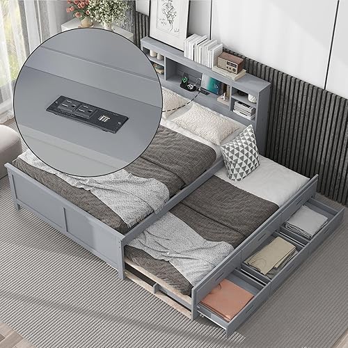 Miniatura 20 de Cama de plataforma de tamaño Queen con cabecero y cajones, marco de cama de plataforma de madera maciza con estantes, puertos USB y enchufes, marco