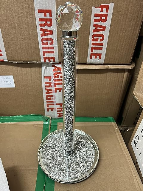 Crushed Diamond Silver Crystal Filled Kitchen Roll Holder 30cm Diamante Freestanding Chrome Kitchen Roll Holder