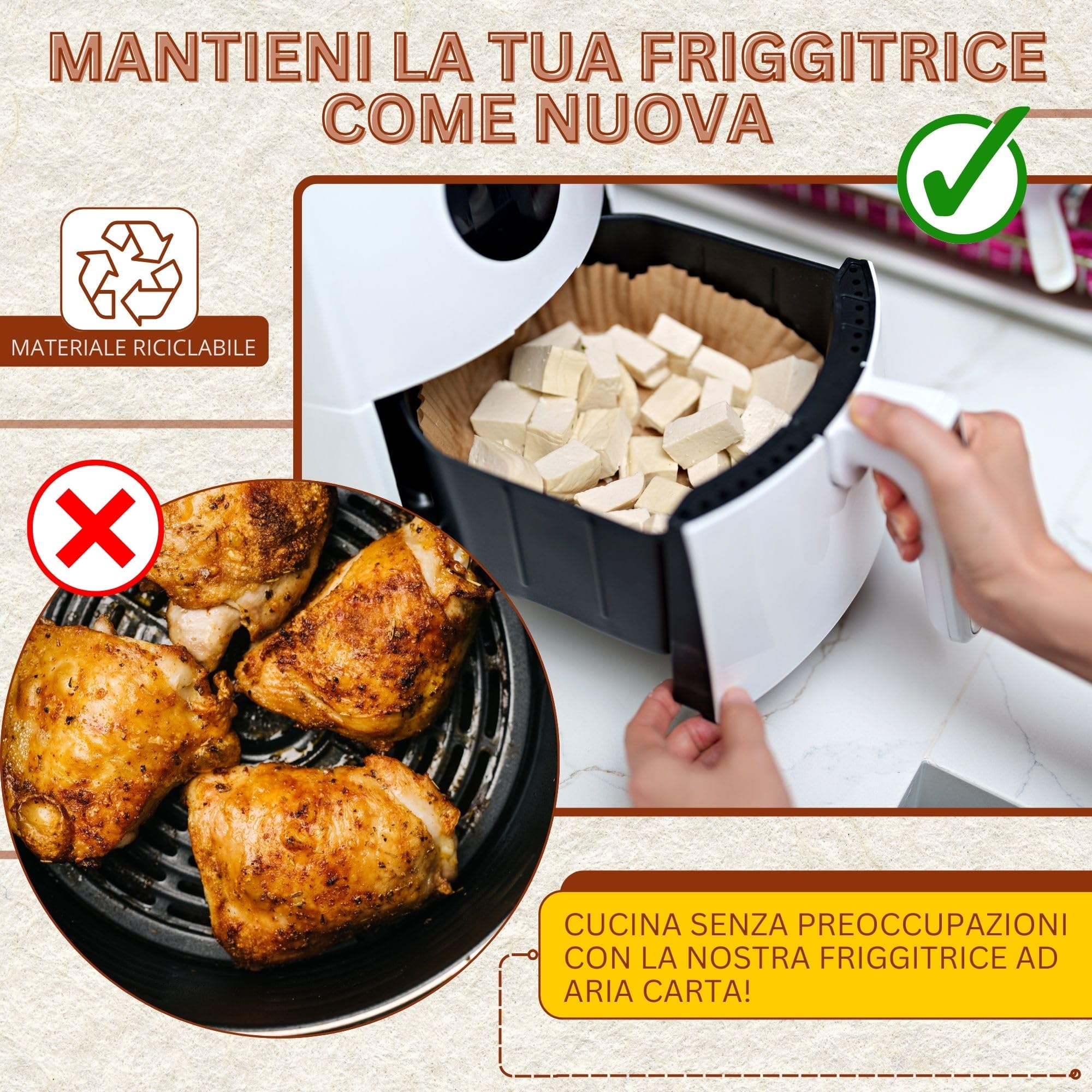 Carta Forno per Friggitrice ad Aria BPA Free 20-24cm, 200 Pezzi Quadrata e 100 Pezzi Piana