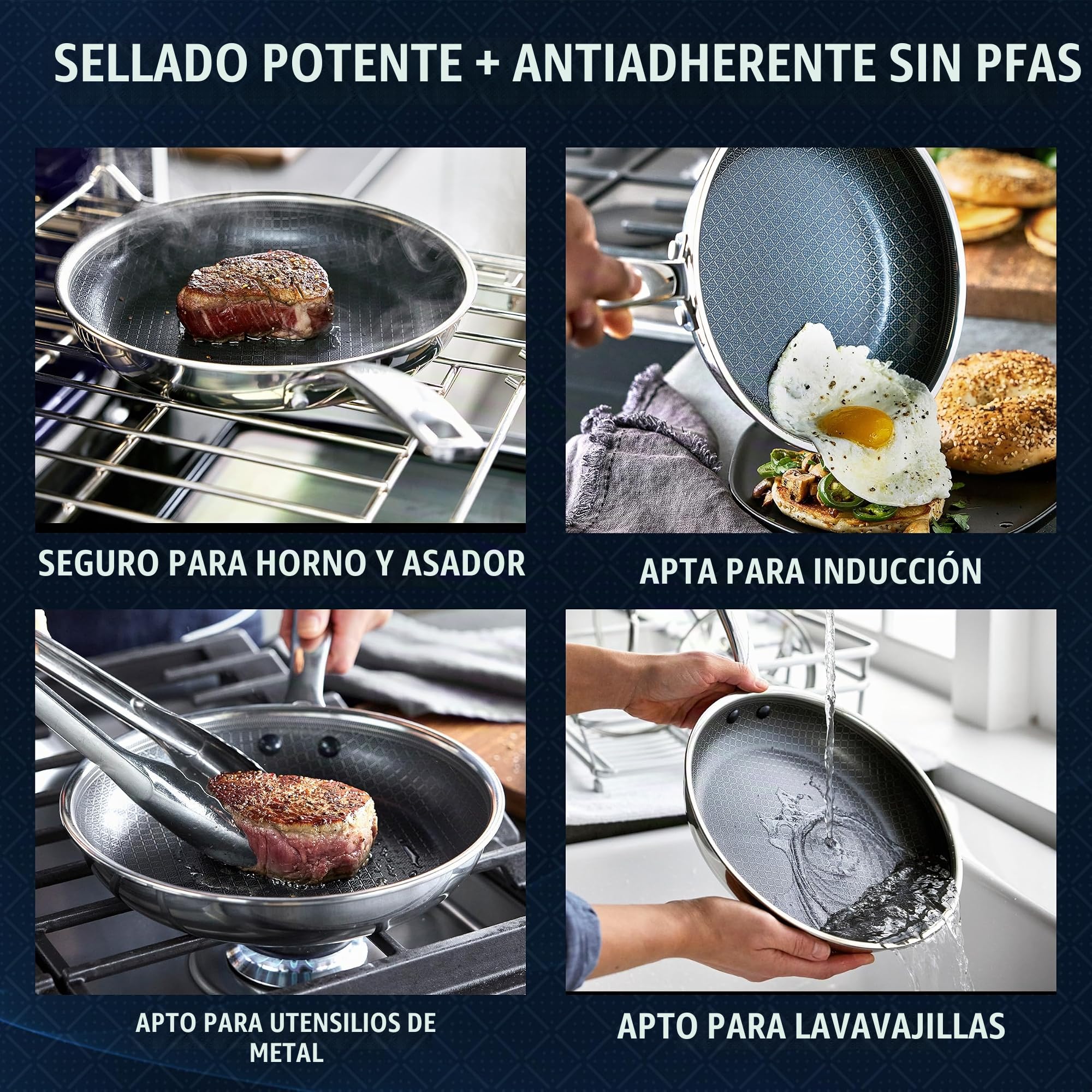 Blue Diamond Sartén híbrida antiadherente de acero inoxidable, 28 cm, sin PFAS, sartén de cerámica Diamond Bond para asar potentes, huevos y tortillas, apto para lavavajillas, mango fresco, inducción