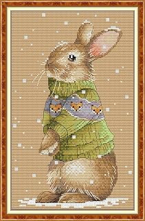 Joy Sunday 11CT Stamped Cross Stitch Kits Pre-Printed Embroidery Kit Flowers Pattern for Girls Needlework Sets-Winter - Rabbit 24cmx38cm