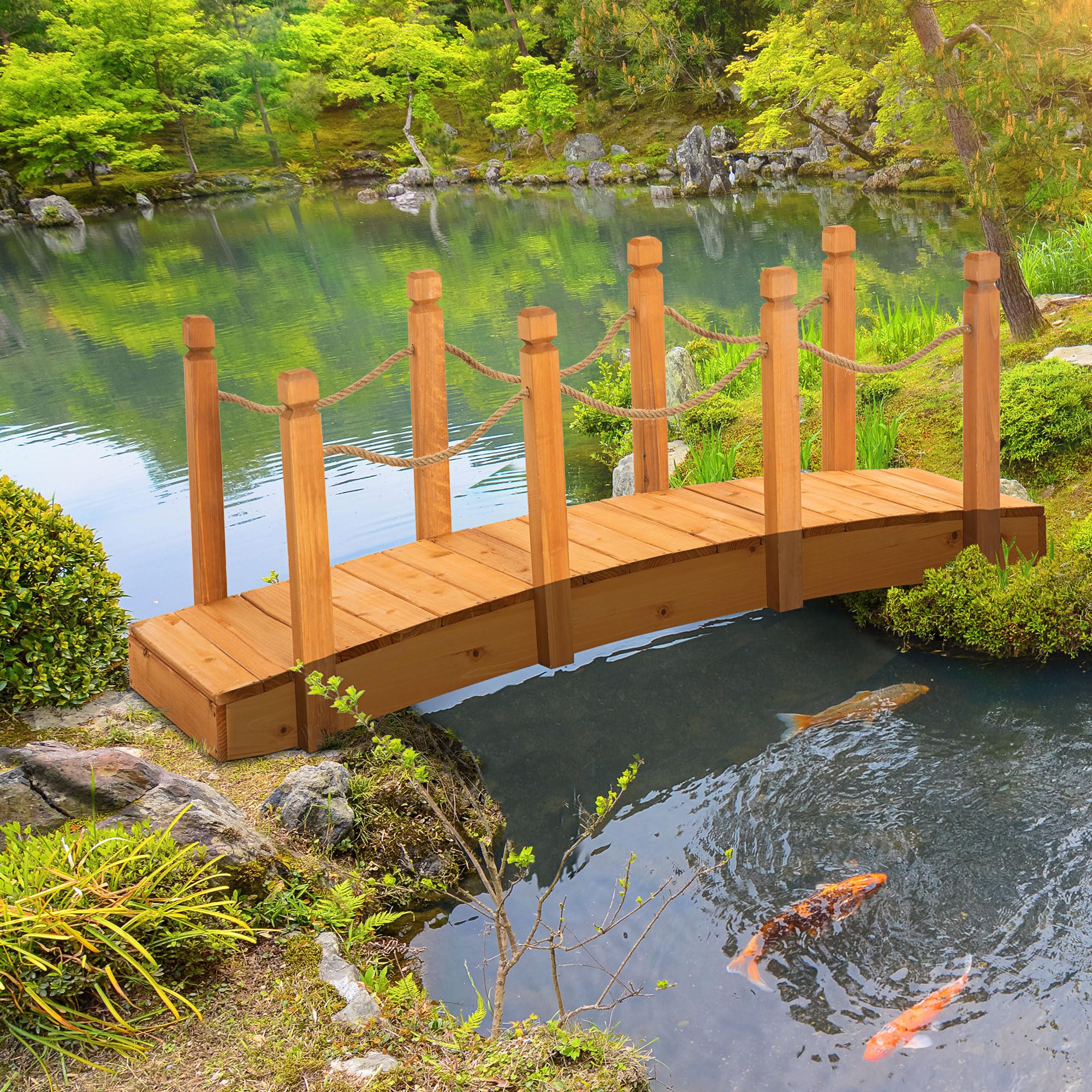 Outsunny Ponte da Giardino ad Arco in Legno d'Abete, Ponticello di Legno da Cortile con Sponde Laterali in Corda di Canapa,150x58x58.5cm, Arancione