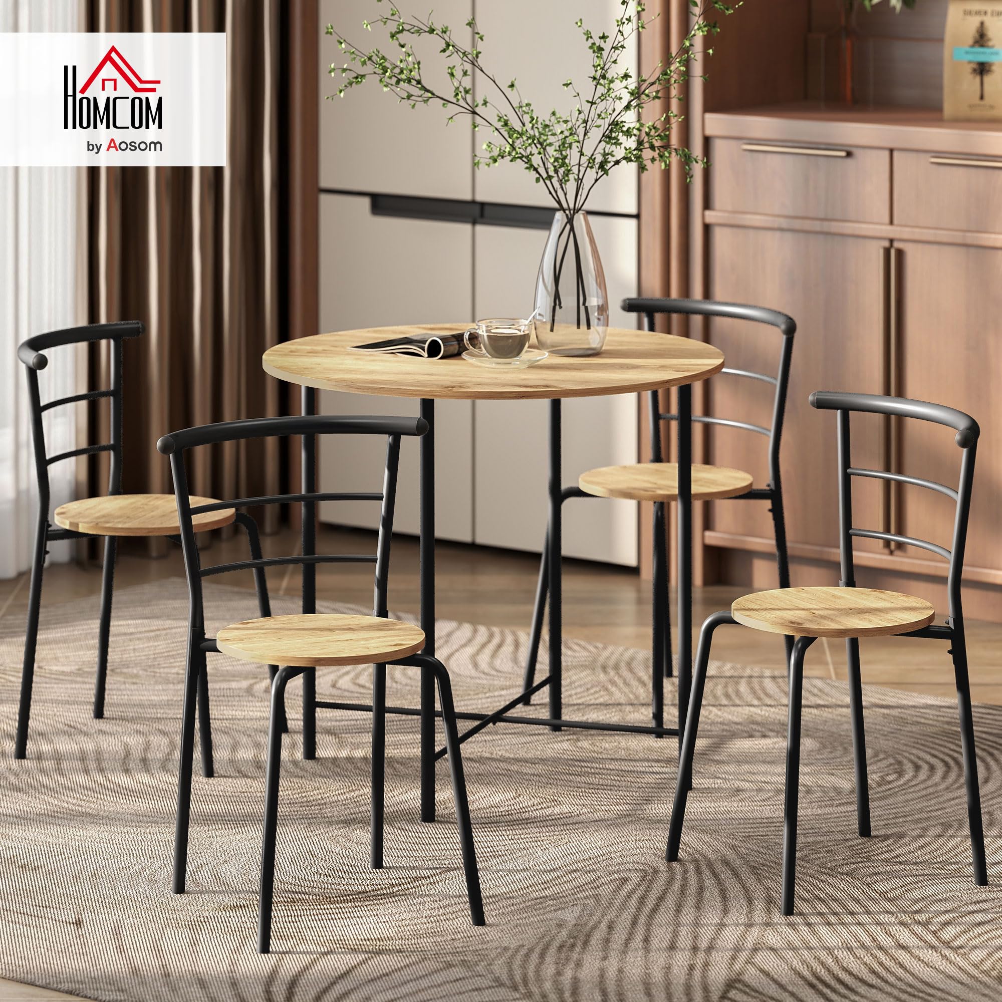 HOMCOM Juego de Mesa y Sillas de Comedor Compact 4 Sillas Ø85x76 cm Natural | Estilo Industrial, Mesa de Cocina Redonda, Marco Metálico, para Salón y Espacios Pequeños