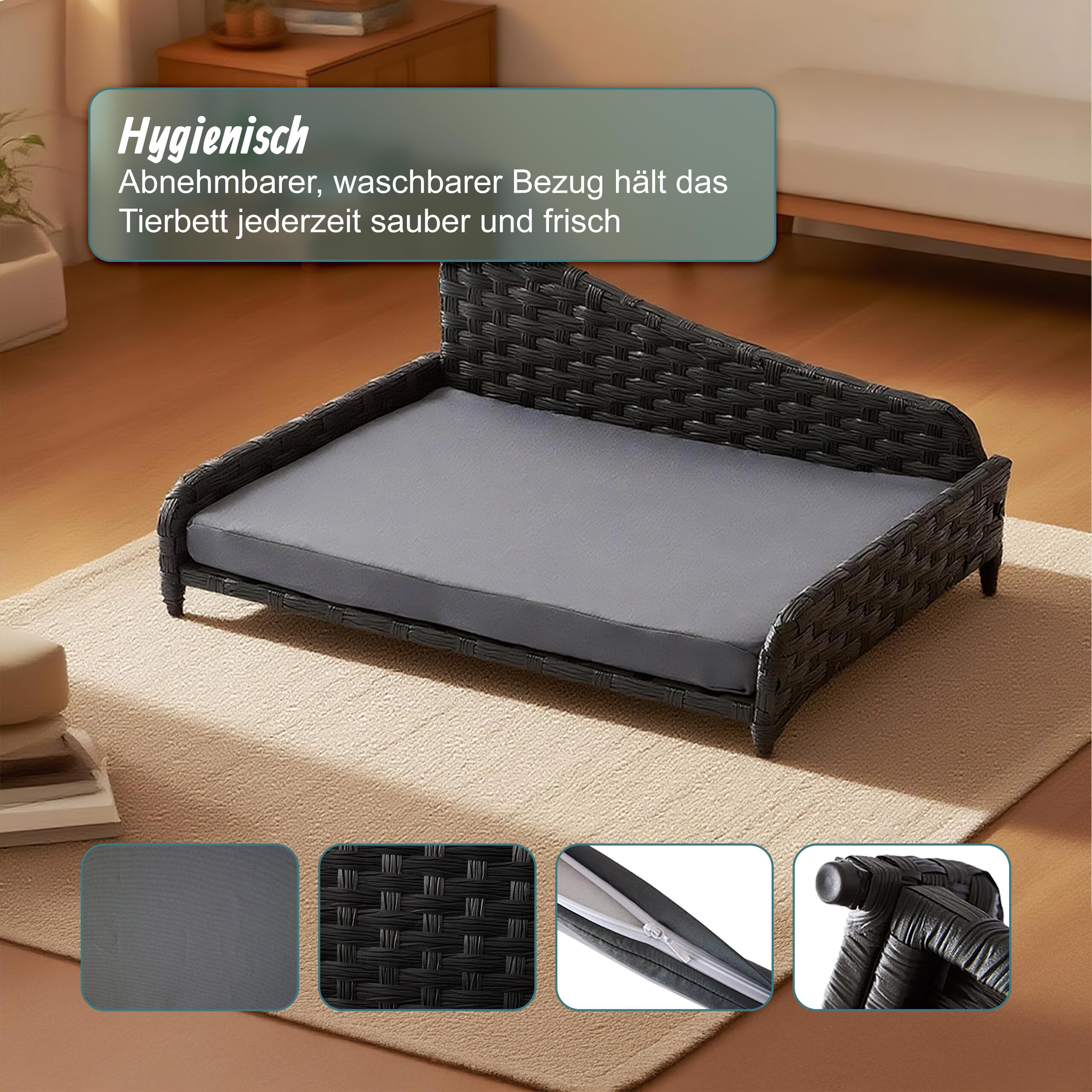 Relaxdays Hundebett Rattan, L, HBT: 25x63x46 cm, erhöhtes Hundeliege mit Kissen, Hundesofa, Outdoor & Indoor, grau