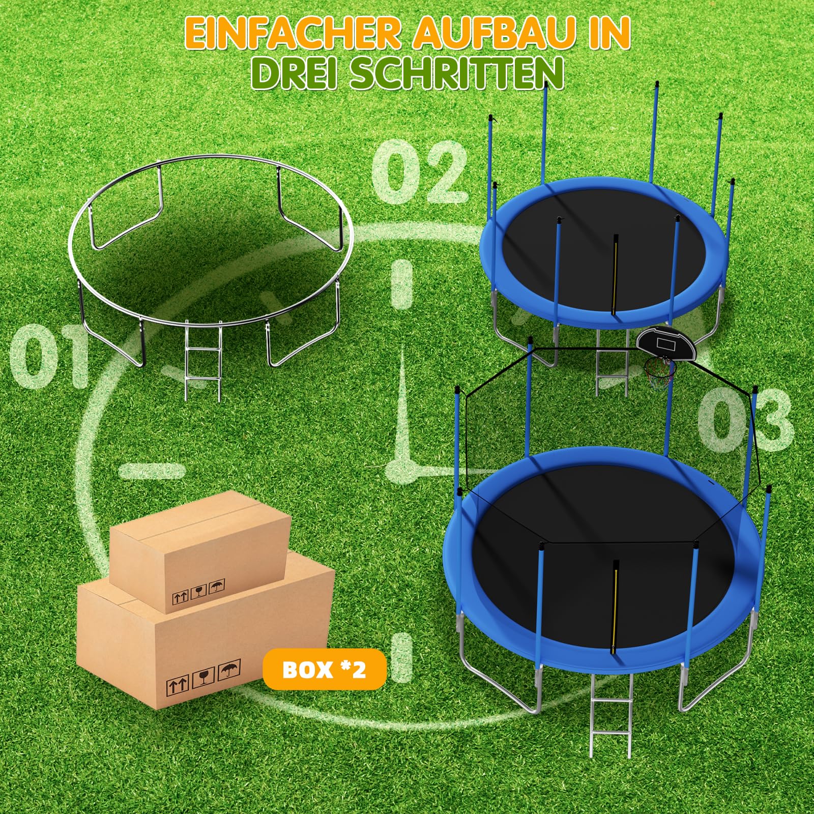 Trampolina zewnętrzna 305 cm dla ogrodu, okrągła trampolina z siatką bezpieczeństwa, wbudowaną tablicą koszykówki i drabinką, stabilna konstrukcja dla dzieci i młodzieży
