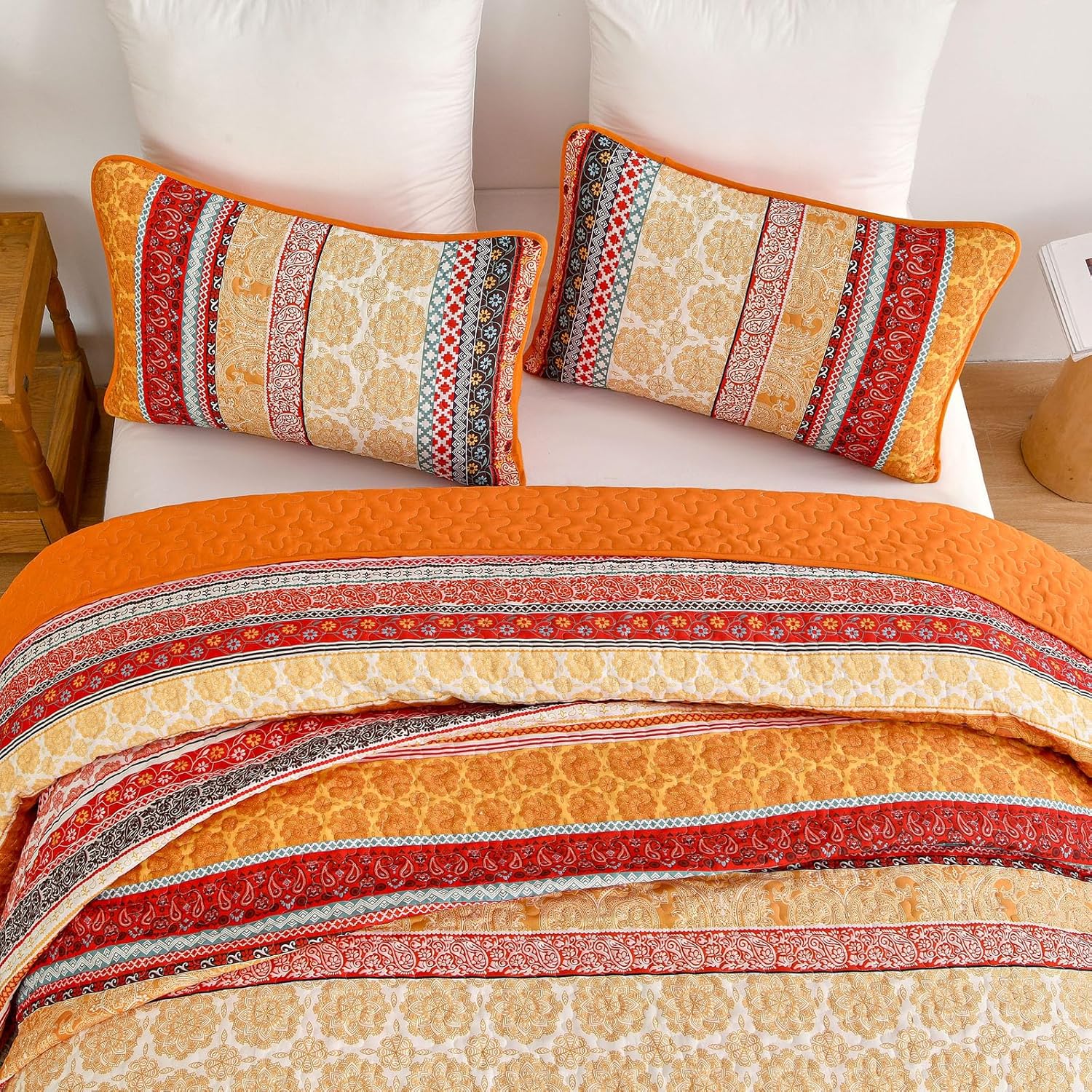WONGS BEDDING Boho Stripe Quilt Set Queen Size, 3 Pieces Orange Bohemian Quilt Sets, Lightweight Soft Microfiber Bedspread Coverlet Bedding Set for All Season (96"x90") - Image 6