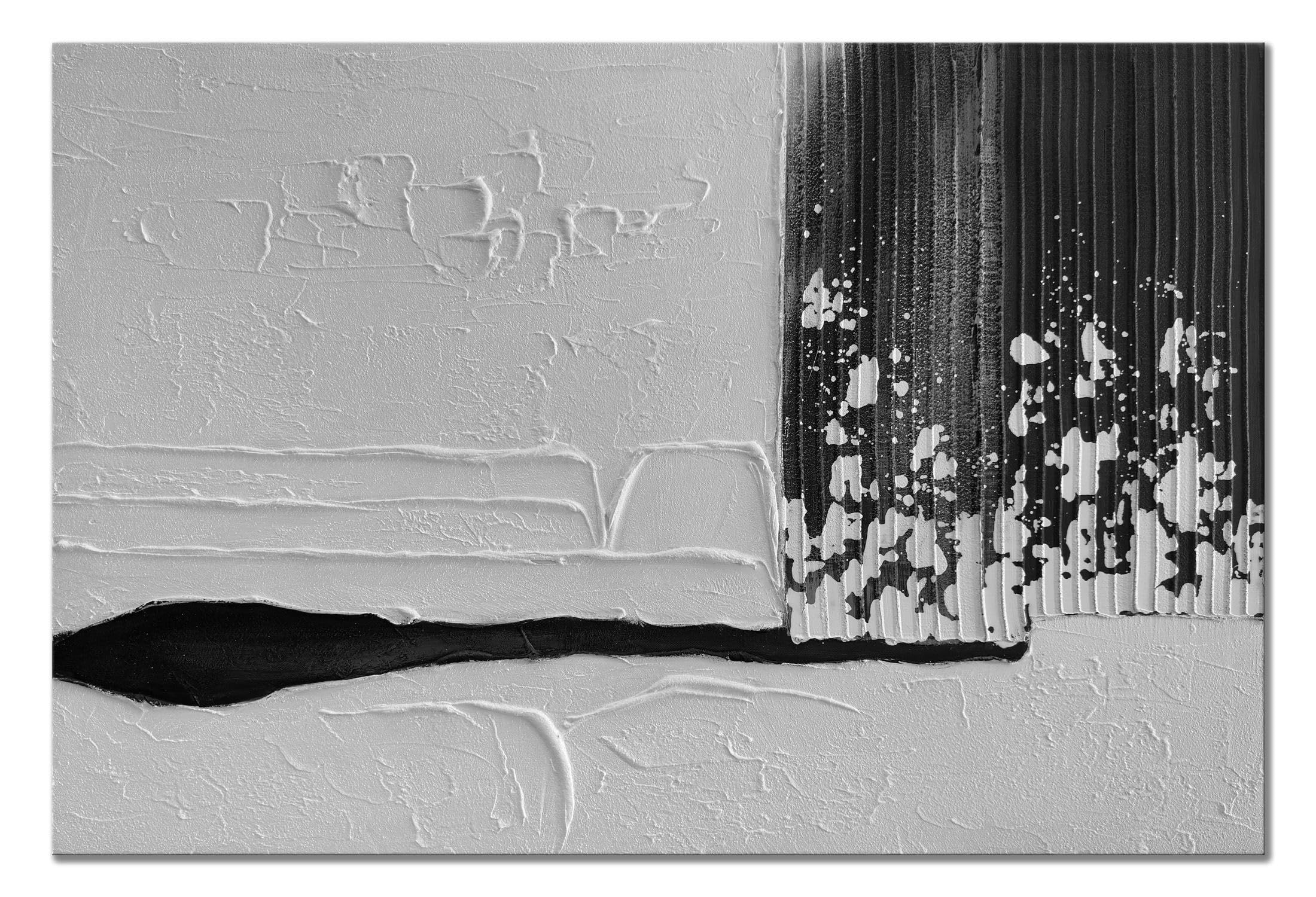 Slyart Black and White Canvas Wall Art, Framed Abstract Oil Painting on Canvas Textured Contemporary Wall Art, Minimalism Black and White Painting Modern Artwork for Home Decorations