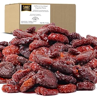 Traina Home Grown Jumbo California Sun Dried Angelino Plum Halves - Healthy, No Sugar Added, Tangy, Chewy, Deep Violet Color, Non GMO, Gluten Free, Kosher Certified, Vegan, Value Size 5 lbs