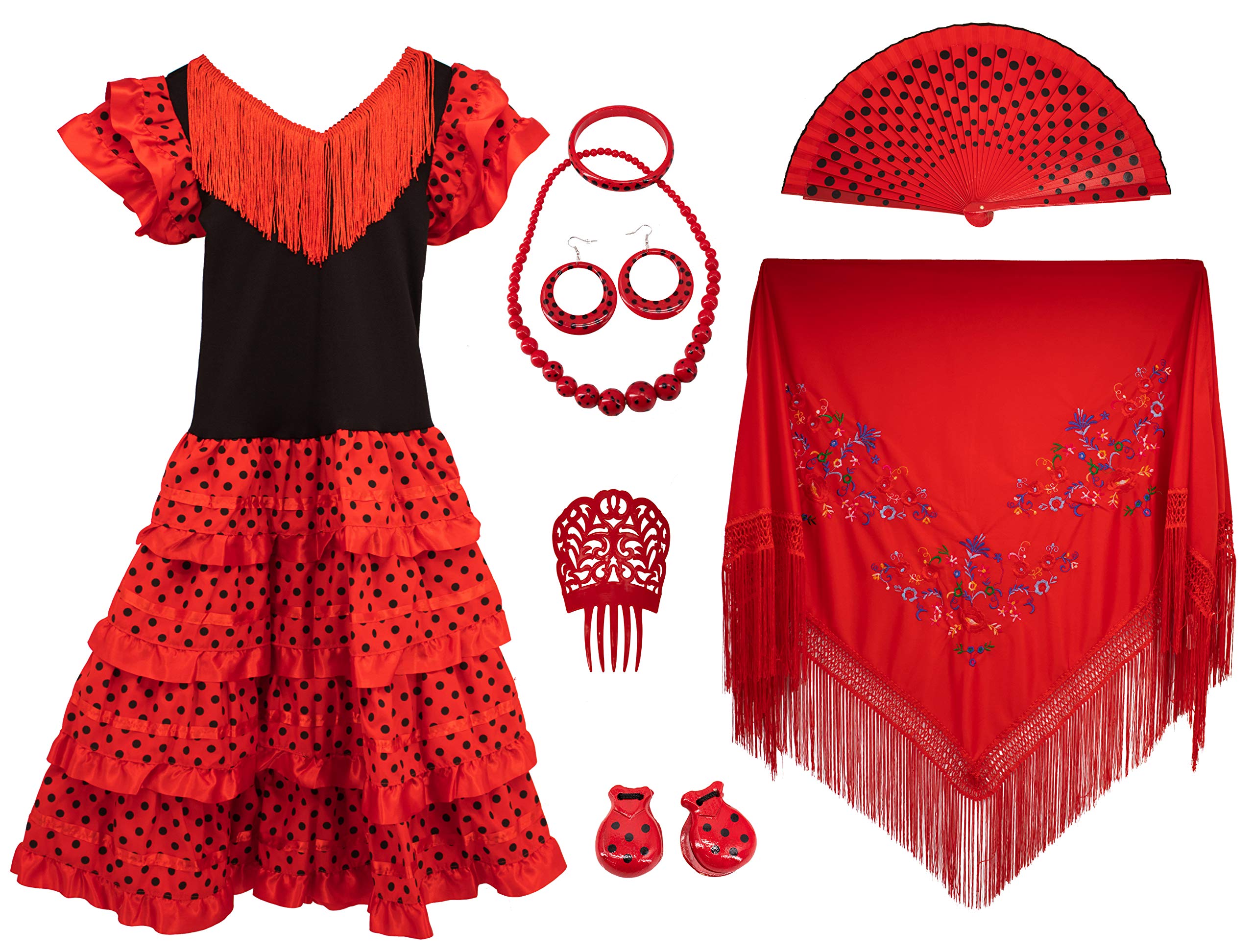 Gojoy shop - Disfraz de sevillana Flamenco para Mujer, Contiene: Vestido, mantón y Accesorios. (3 Colores y 7 Tallas Diferentes.)