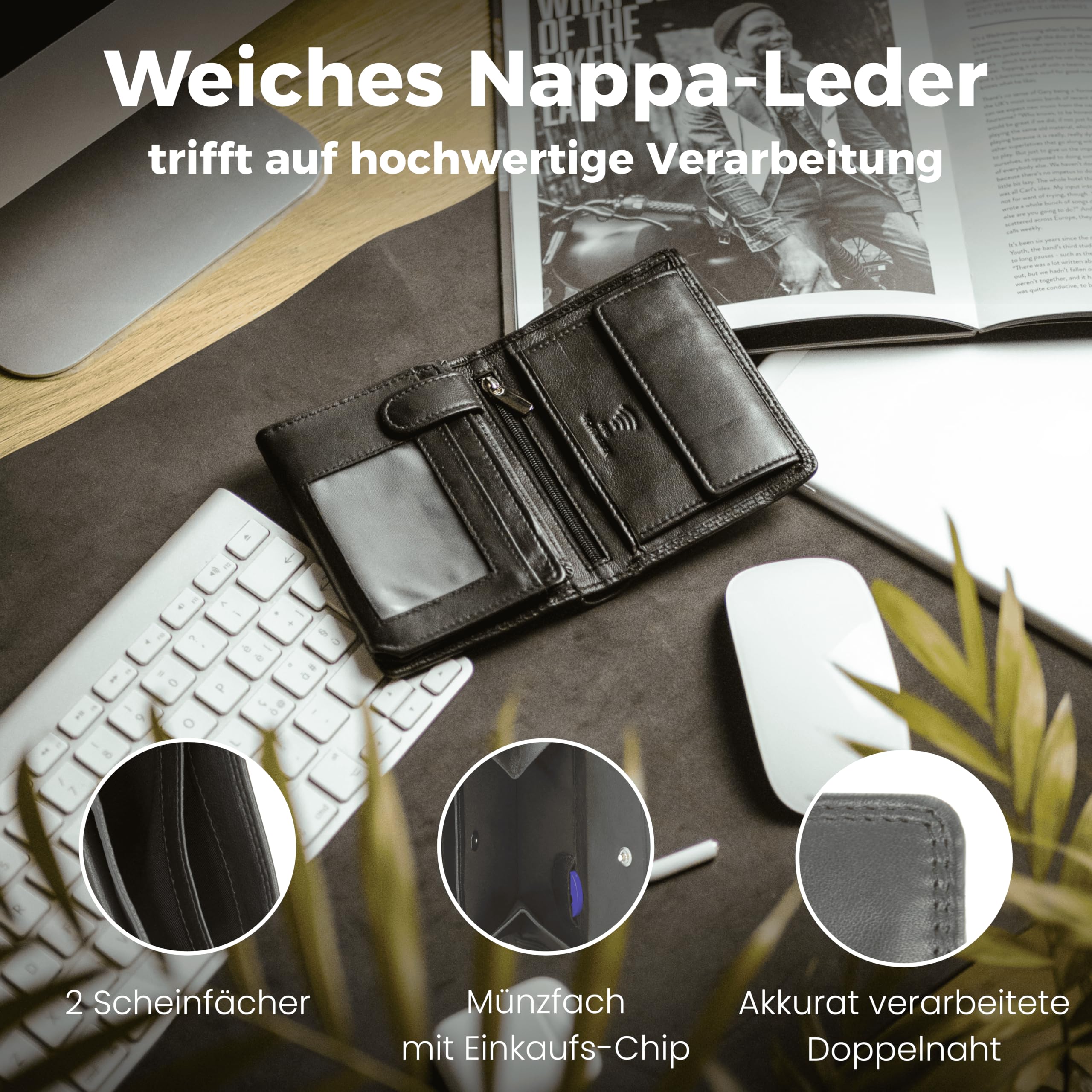 Baur Herren Geldbörse – Echtes Leder mit RFID-Schutz – Großes Portemonnaie im Hochformat aus Nappa-Leder mit 8 Kartenfächern – Großes Münzfach (Hochformat mit Druckknopf innen, Schwarz)