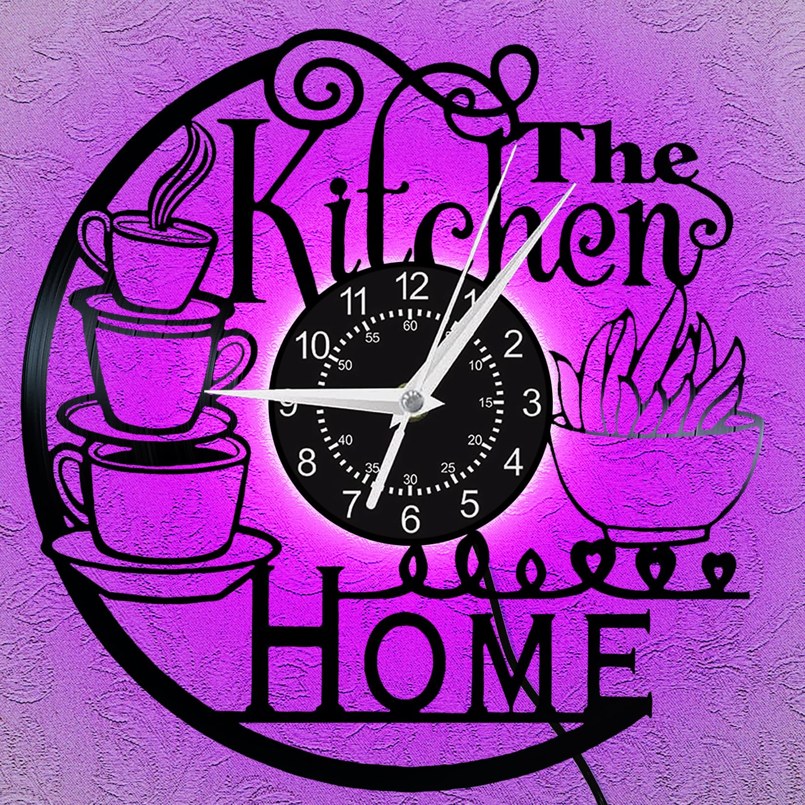 Vintage Vinyl Record Wall Clock, Unique Silent Kitchen Heart of Home Theme Clock, Coffee Bar Decor, Kitchen Living Room Decor, Christmas Valentine'S Day, New Year Gift for Women Wife (With LED, B)
