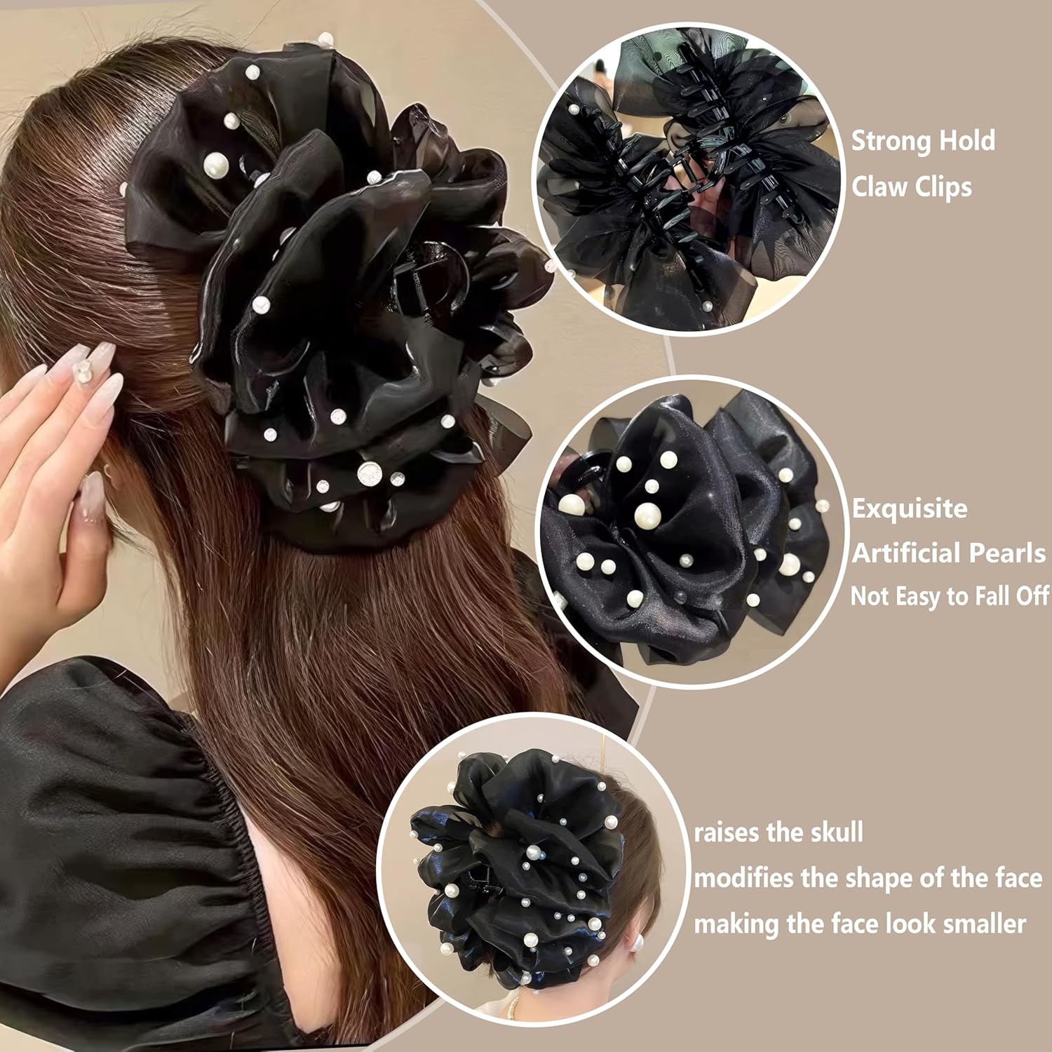 Large Bow Chiffon Silk Hair Clips for Women Pearl Mesh Bubble Hair Barrettes for Thick Thin Hair Elegant Feather Claw Clips Hair Accessories (Silk Pearl Black) - Image 4
