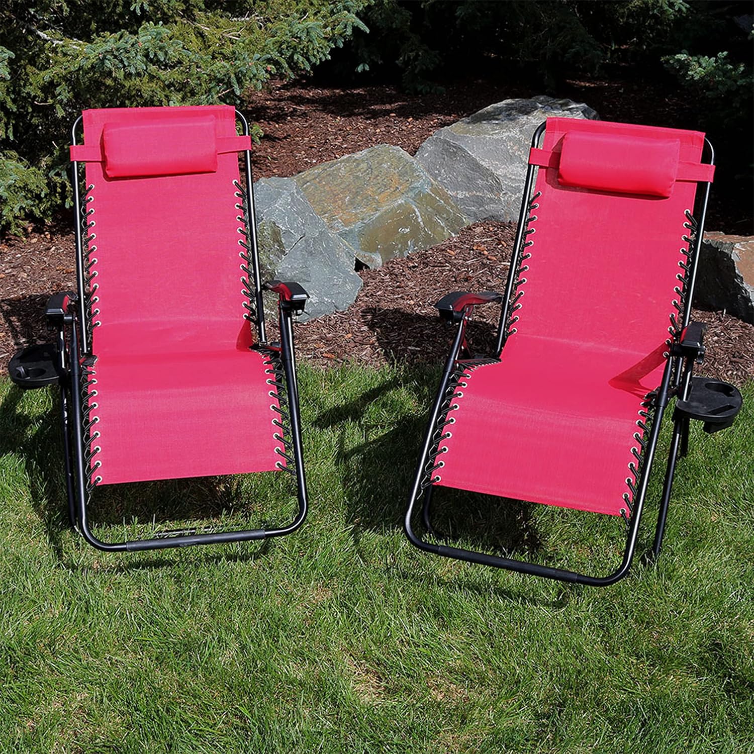 Sunnydaze Outdoor XL Zero Gravity Lounge Chair with Pillow and Cup Holder Folding Patio Lawn Recliner Red Set of 2