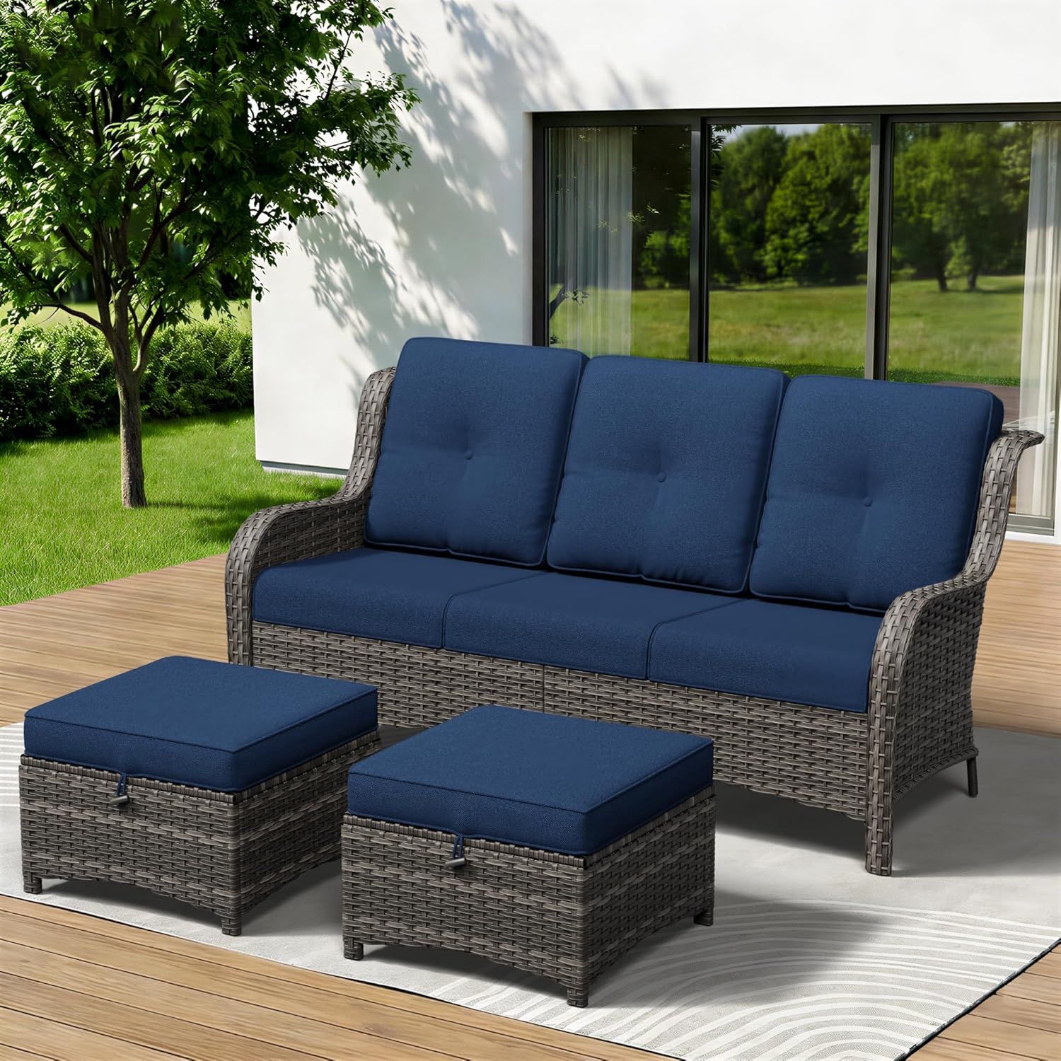 3-Piece Outdoor Couch Set, Include Wicker Patio Sofa with Thickened Olefin Cushions, High Back and Deep Seating, Hand-Woven PE Rattan and 2 Ottomans, Patio Conversation Set for Porch, Deck