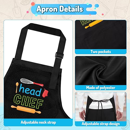 Miniatura 2 de R HORSE Juego de delantal y sombrero de chef para adultos, 4 piezas, delantal de cocina ajustable para padres y niños, juego de rol, juguete de