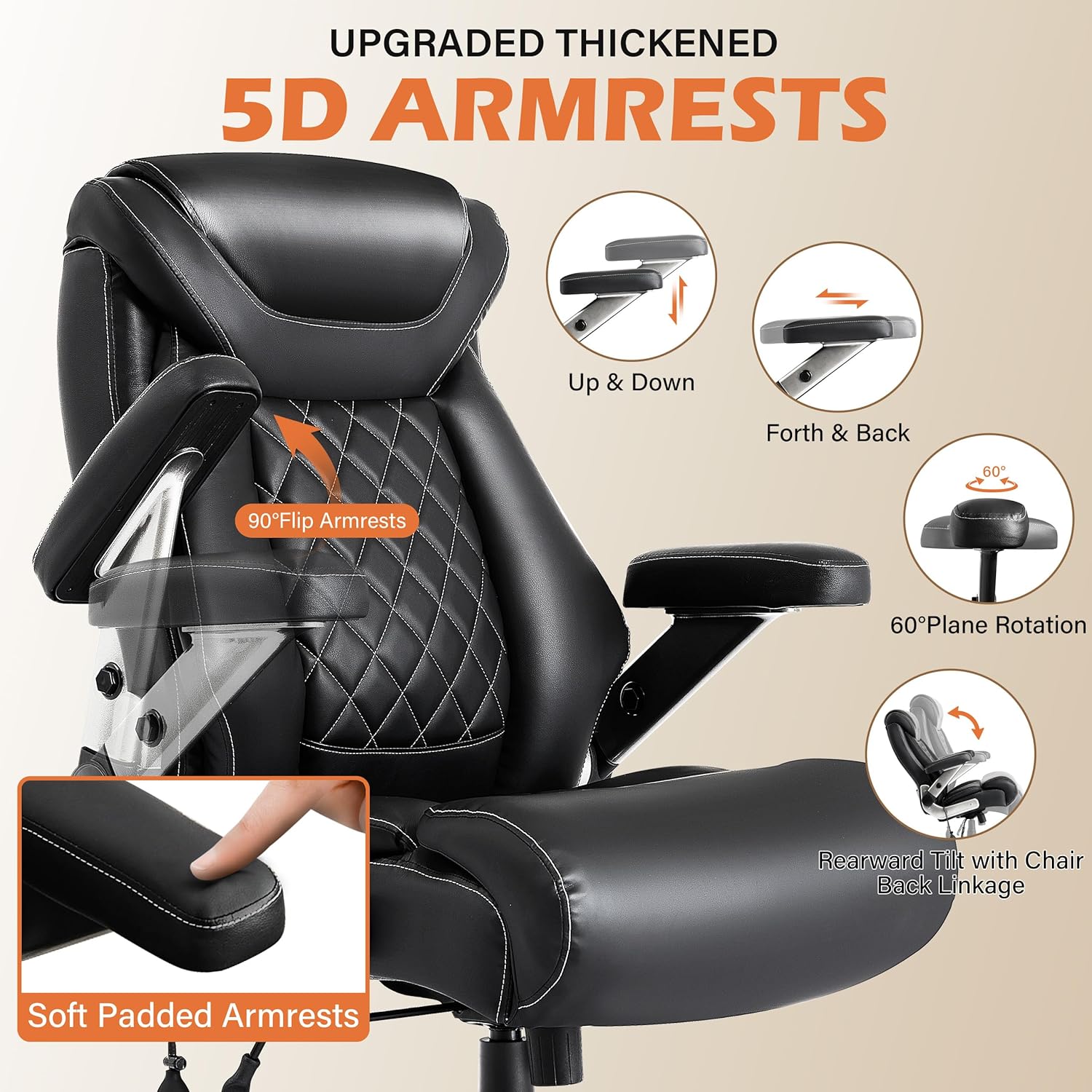 600LBS Large Big and Tall Office Chair, Heavy Duty Wide Ergonomic Gaming Office Chair with 5D Flip Arms, Comfy PU Leather Executive Office Desk Chair, Extra Wide Padded Seat, Adjustable Lumbar