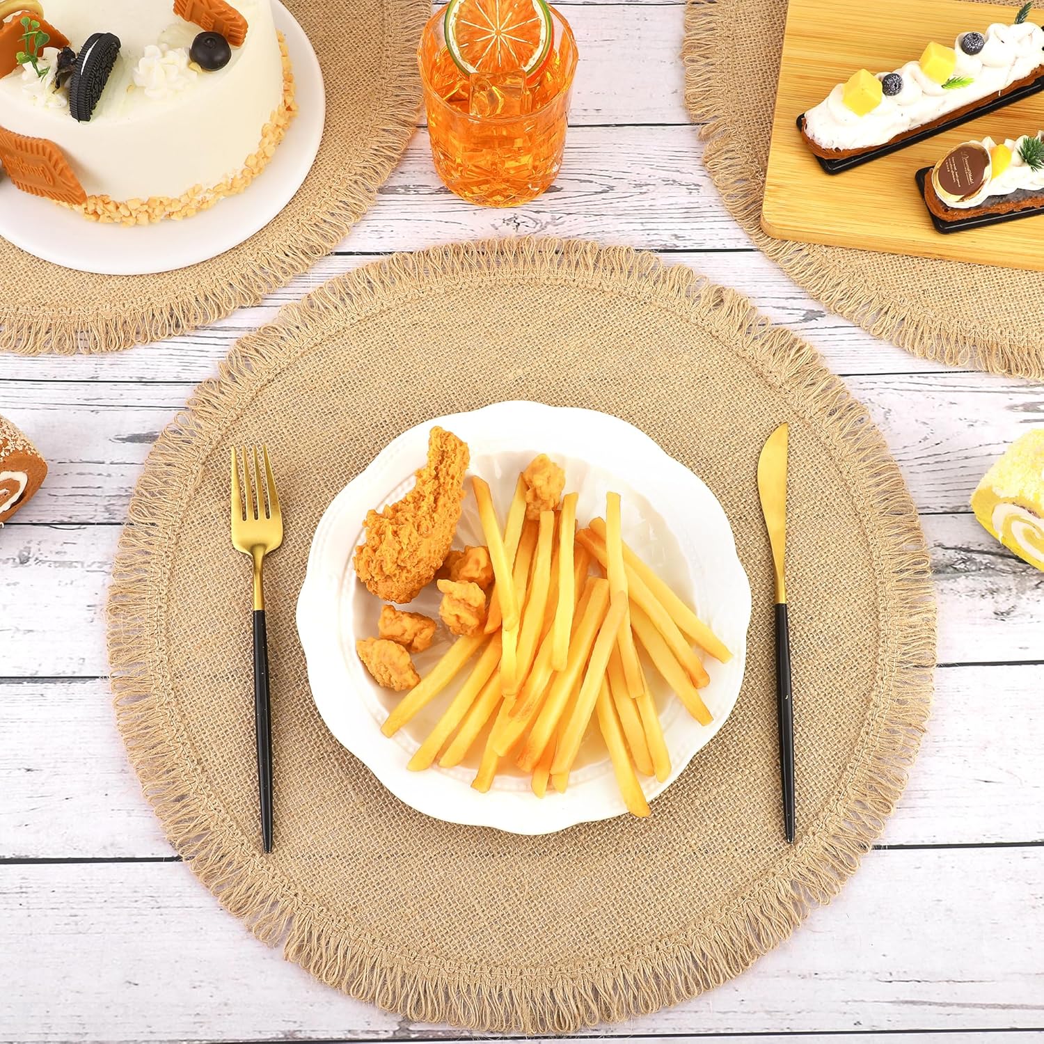 Aneco 24 Pcs Jute Placemats, 15 Inch Round Burlap Placemats, Boho Natural Jute with Fringe Table Mat, Heat Resistant Natural Farmhouse Table Mats for Wedding Birthday Party Dining Tables Decor