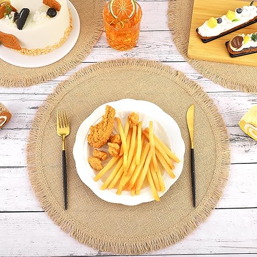 Miniatura 4 de Aneco 24 manteles individuales de yute, manteles individuales redondos de arpillera de 15 pulgadas, yute natural bohemio con flecos, resistentes al