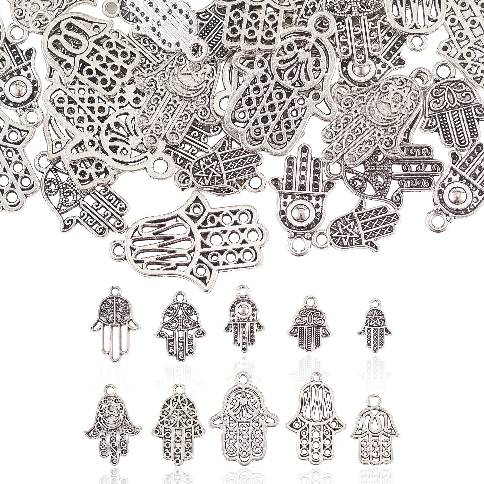 Airssory 100 Pcs 10 Styles Vintage Hamsa Hand Tiny Charms Hand of Miriam Pendant Collection Bulk for Jewellery Making DIY Crafts - Image 2