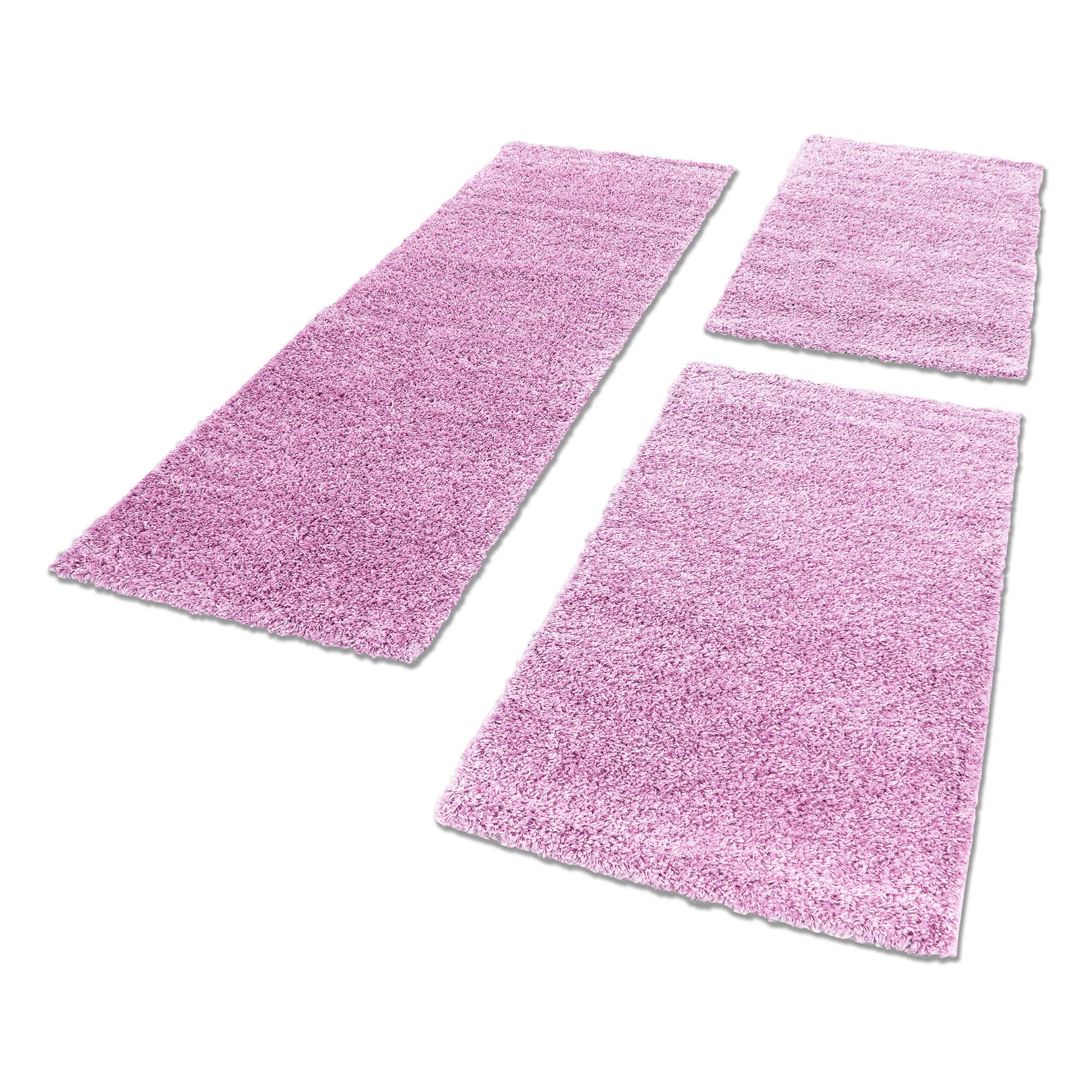 Carpettex Osłona łóżka do sypialni, 3-częściowy dywan shaggy, wysokie runo, jednokolorowy, różowy, zestaw łóżka: 2 x 60 x 110 + 1 x 100 x 200 cm, dywanik nocny, zestaw dla biegaczy, miękki, puszysty