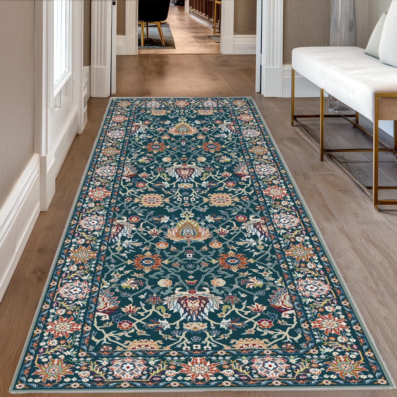 Washable 2x5 Hallway Runner Rug, Non-Slip Low Pile Cozy Kitchen Runner Rug, Dark Green Boho Vintage Floral, Ultra Soft, Stain Resistant, Pet & Kid Friendly Rugs for Bedroom Bathroom Laundry Room