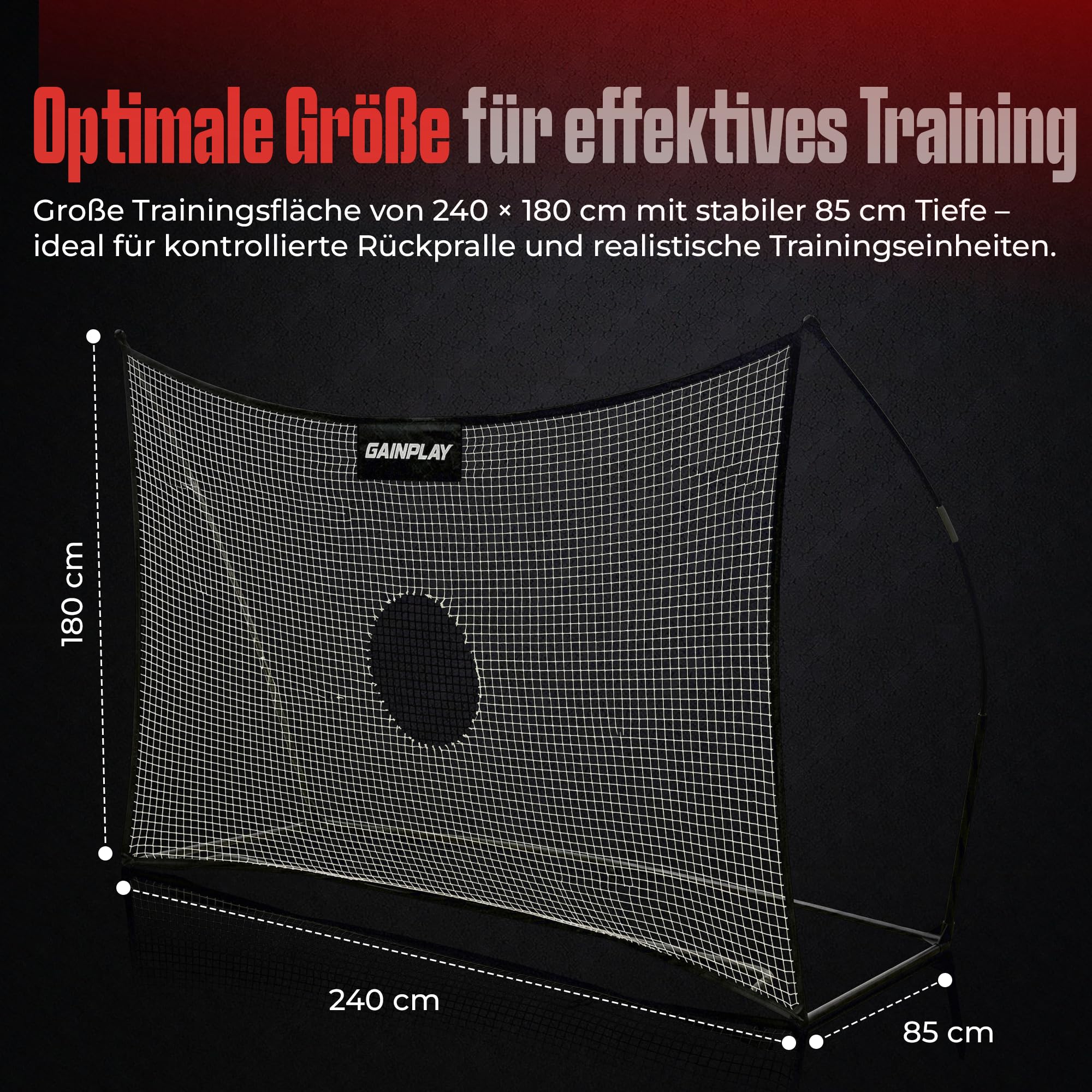 GainPlay Rebounder240 Fußball Rebounder 240x180cm – Trainingsnetz für Pass- & Schusstraining, Stabiler Stahlrahmen, inkl. Tasche, Erdanker & Gewichte – Fußball Trainingsgerät für Kinder & Jugendliche