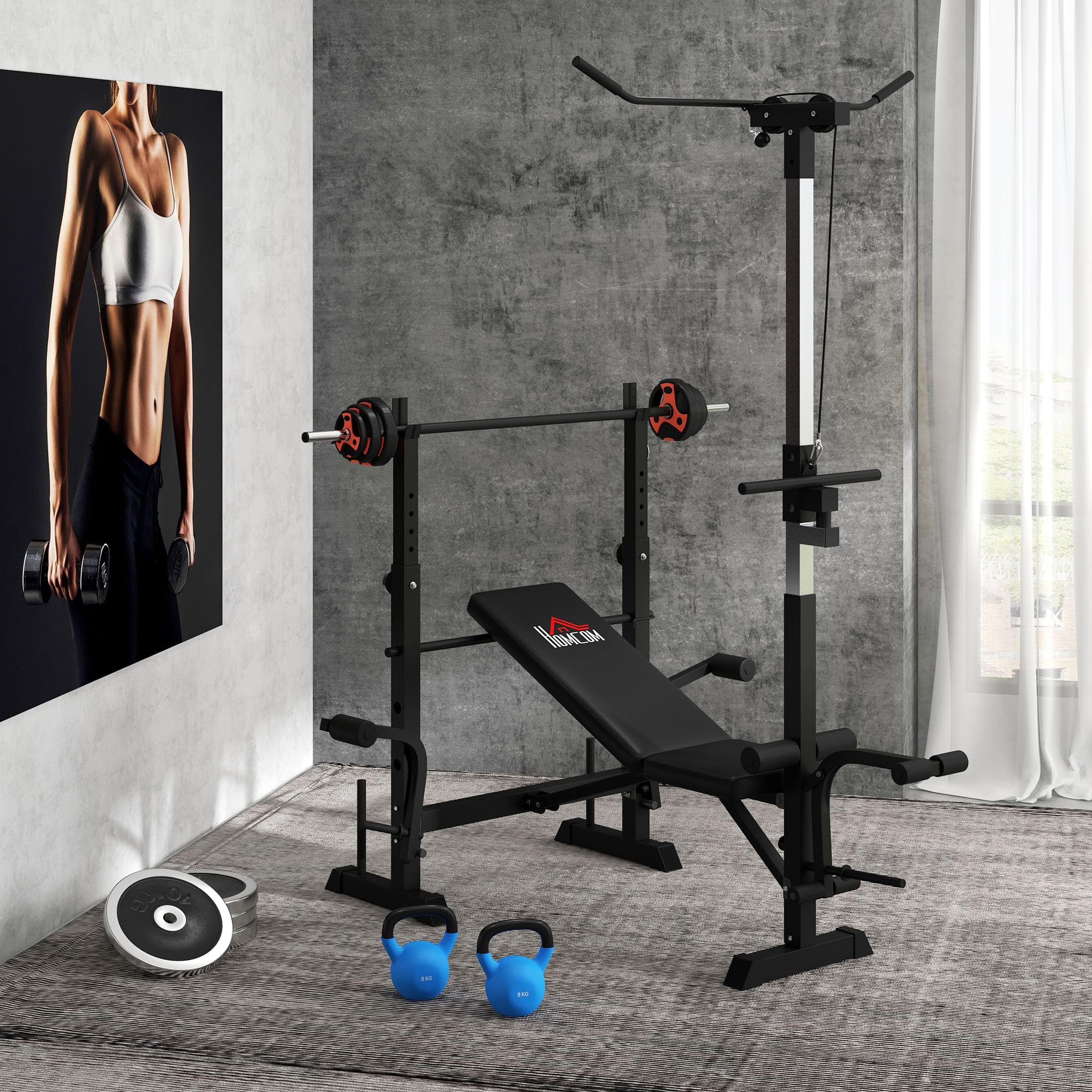 HOMCOM Panca Palestra Multifunzione con Pulley System, Supporto Bilanciere e Schienale Regolabili, Panca Pesi Inclinabile Piana con Leg Extension, Chest Expansion, Portapesi, Allenamento Palestra Casa