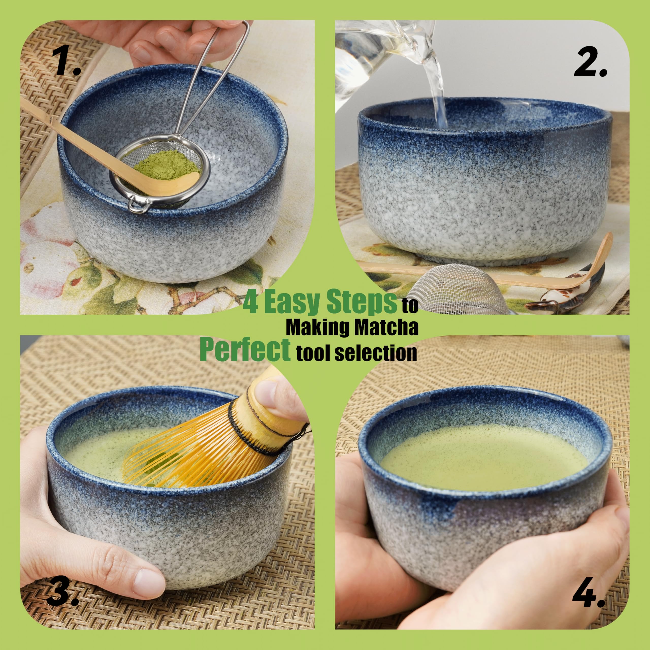 Matcha Set ha 8 Pezzi, kit Matcha Cerimoniale, Grigio Blu Ciotola in Ceramica e Matcha Whisk Fatte a Mano