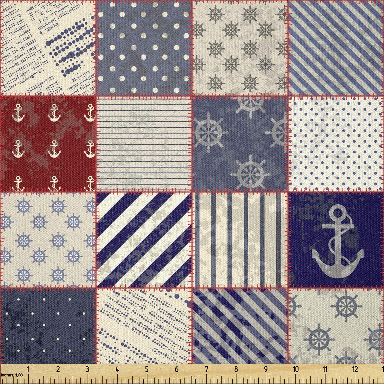 Lunarable Geometric Fabric by The Yard, Checkered Pattern Pale Nautical Design Elements Grunge Effect, Stretch Knit Fabric for Clothing Sewing and Arts Crafts, 2 Yards, Navy Blue Beige