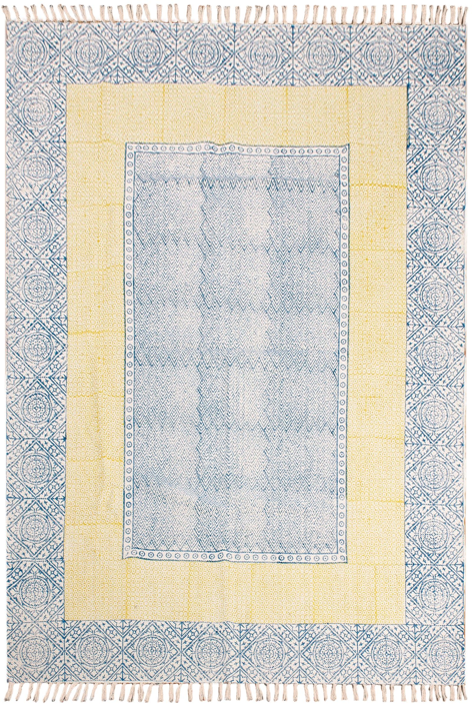Tapis de yoga carré en coton bleu jaune tapis de sol fait main pour cuisine