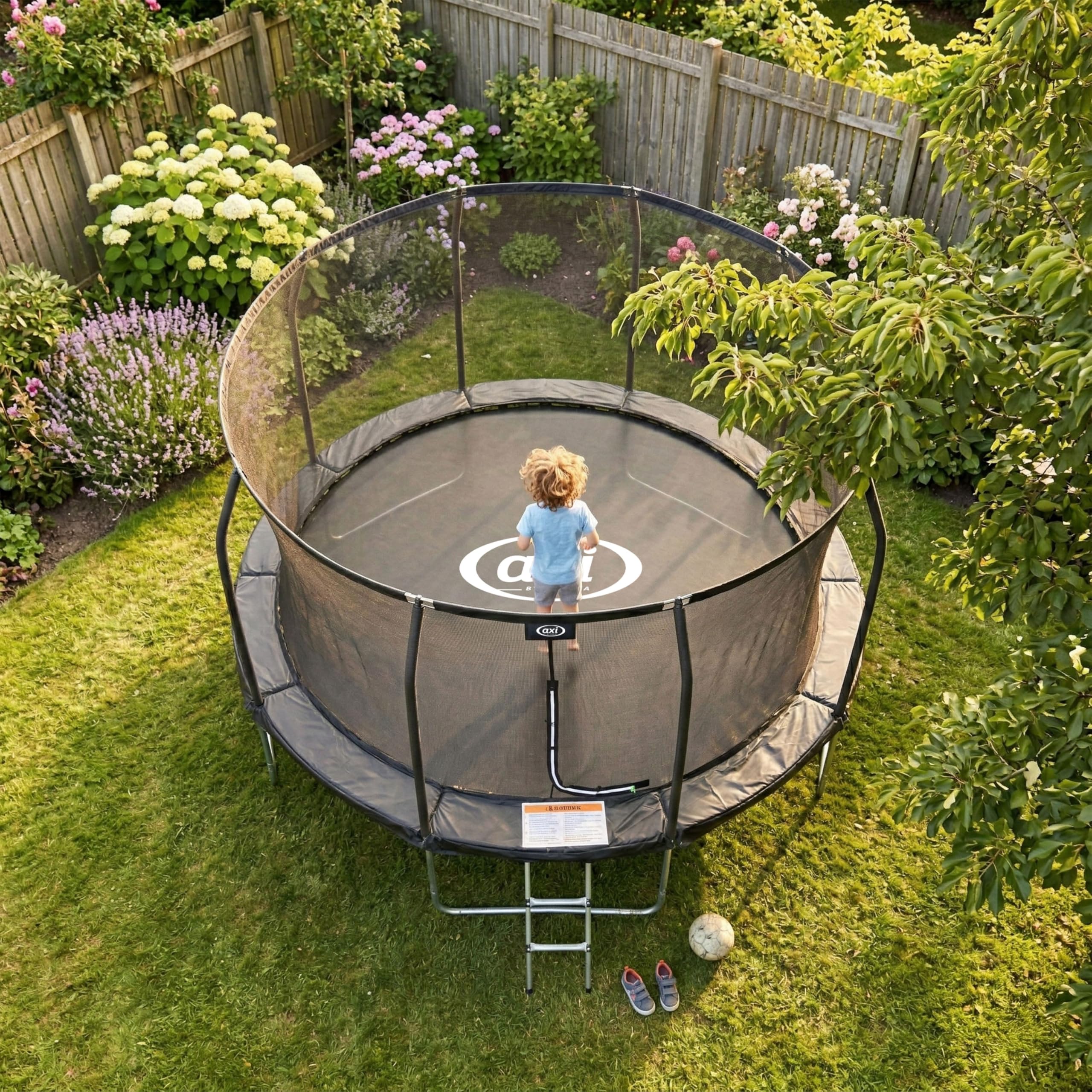 Axi Houston Trampoline Rond - Filet en Noir | Trampoline Hors Sol - pour Enfants - avec Bordure, Echelle Et Filet De Sécurité | pour Le Jardin/L'Extérieur,