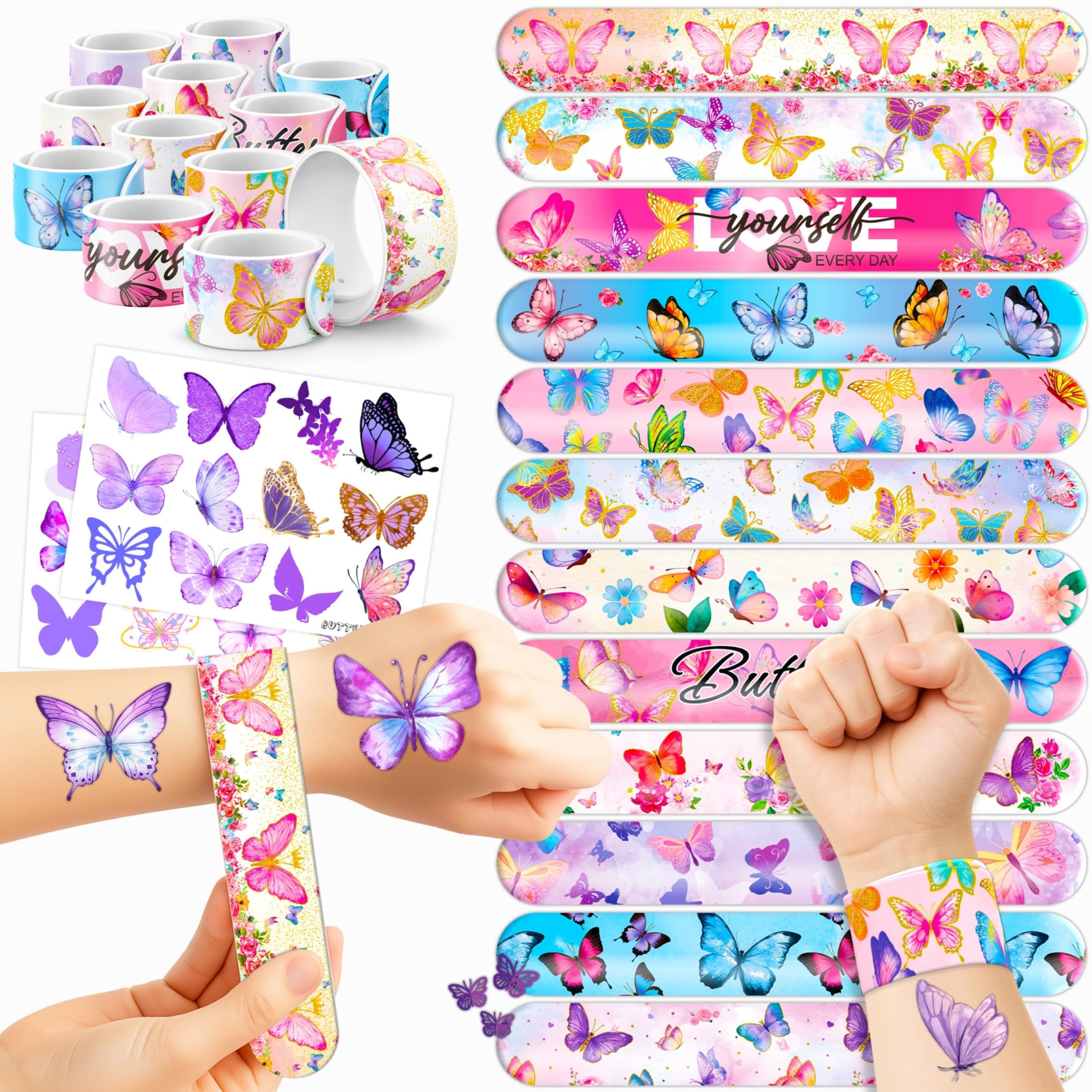 Cherisnowy 48PCS Butterfly Party Favors, Temporary Tattoos & Slap Bracelets