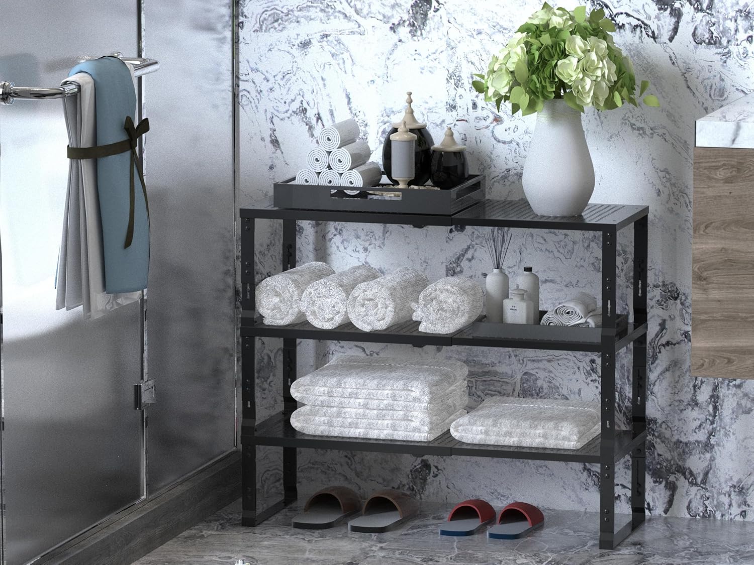 Adjustable Expanable Stackable Spice Rack Shelf Pantry Storage Organizer for Kitchen Cabinet,Countertop,Bathroom and More.Space is no Longer Limited(3Packs/Black/Large)