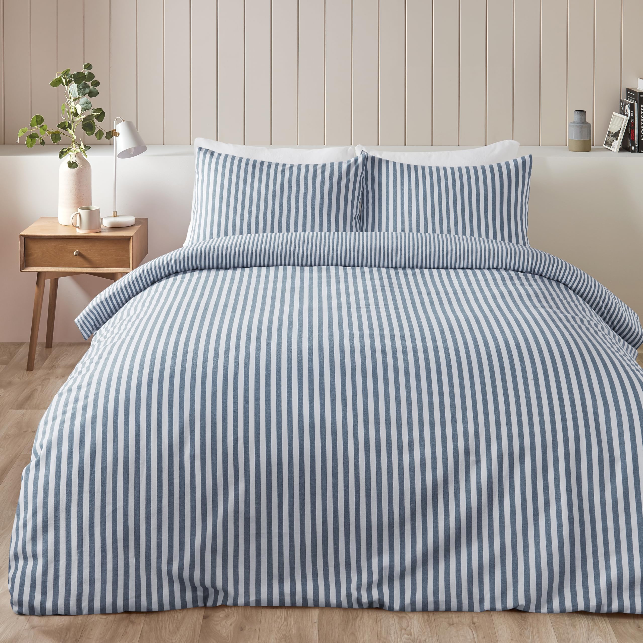 Catherine Lansfield Brushed Stripe Cotton Reversible Duvet Cover Set Blue Super King