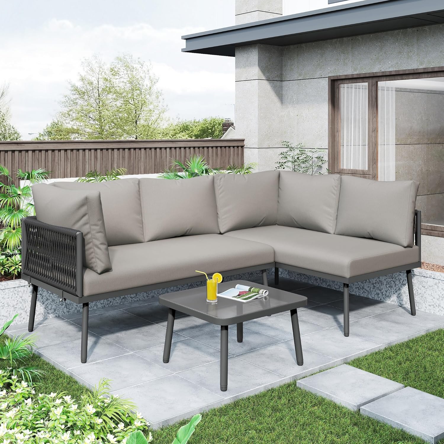 Merax Garden Furniture Set with Glass Coffee Table, Handwoven Rope ...